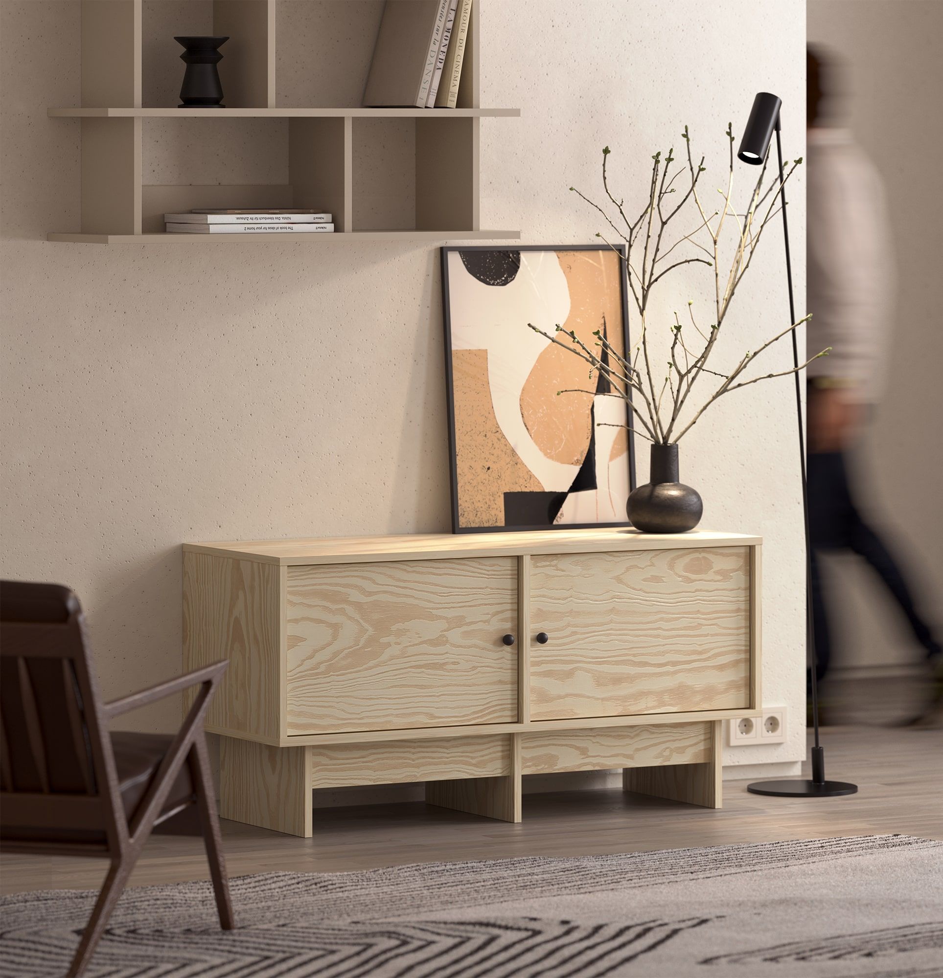 Armoire RTV KABE KTV1 en style JAPANDI
Couleur : Pin flamboyant
Poignée : Poignée à bille Noir KD