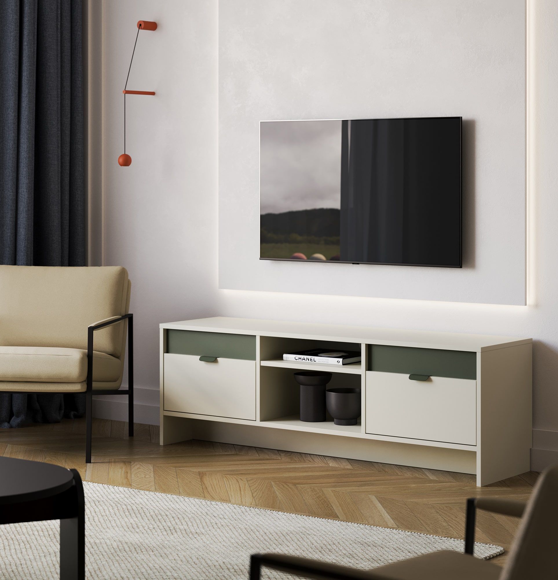 LAYERS RTV Cabinet LAY03
Couleur : Voie lactée
Couleur de l'avant de la deuxième couche : vert cyprès
Poignée : poignée LAYERS 110 vert cyprès