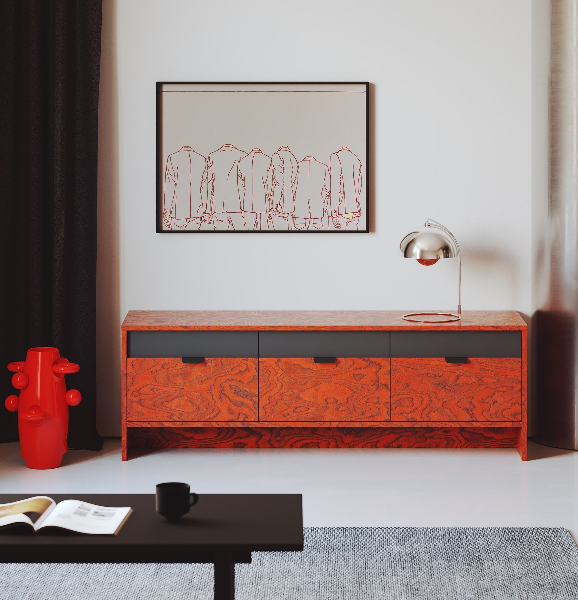 LAYERS Armoire RTV LAY05
Couleur : Placage rouge Sottsass
Couleur de la deuxième couche avant : Diamond Grey
Poignée : Poignée LAYERS 110 Noir Onyx