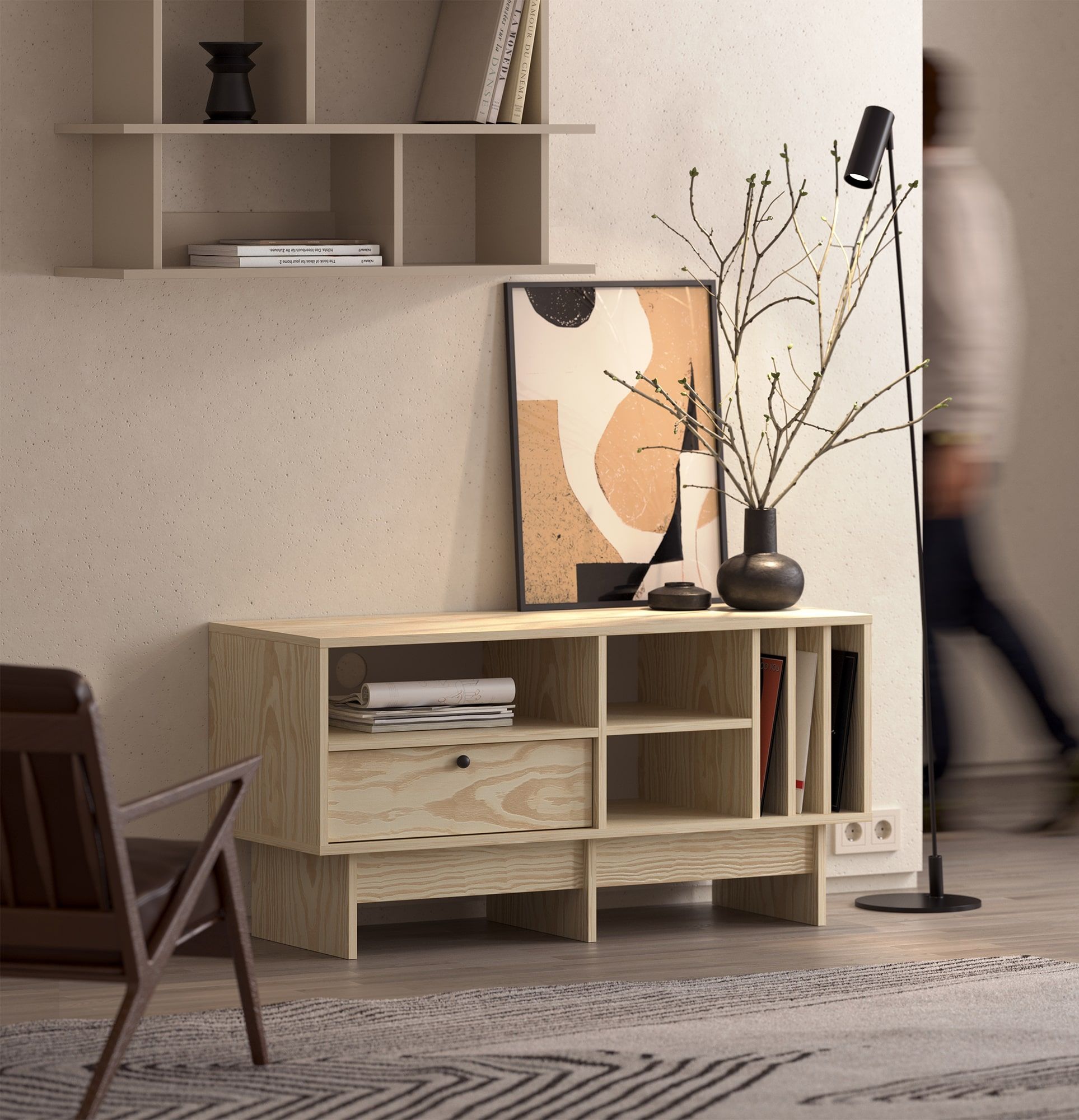 KABE KTV1SW armoire RTV en vinyle de style JAPANDI
Couleur : Pin flamboyant
Poignée : Poignée à bille Noir KD