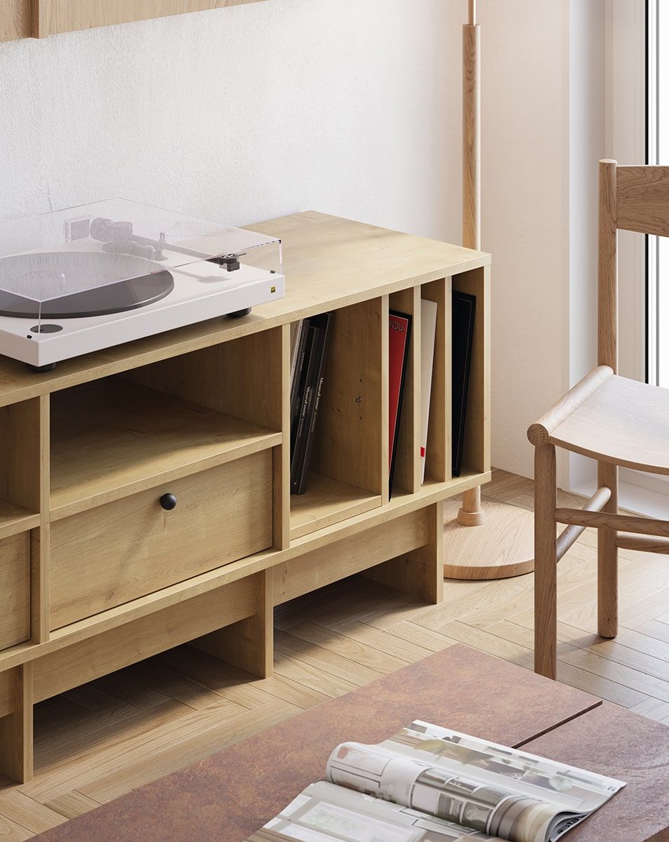 KABE KTV2SW armoire RTV en vinyle dans le style JAPANDI
Couleur : chêne Hamilton
Poignée : Poignée à bille Noir KD