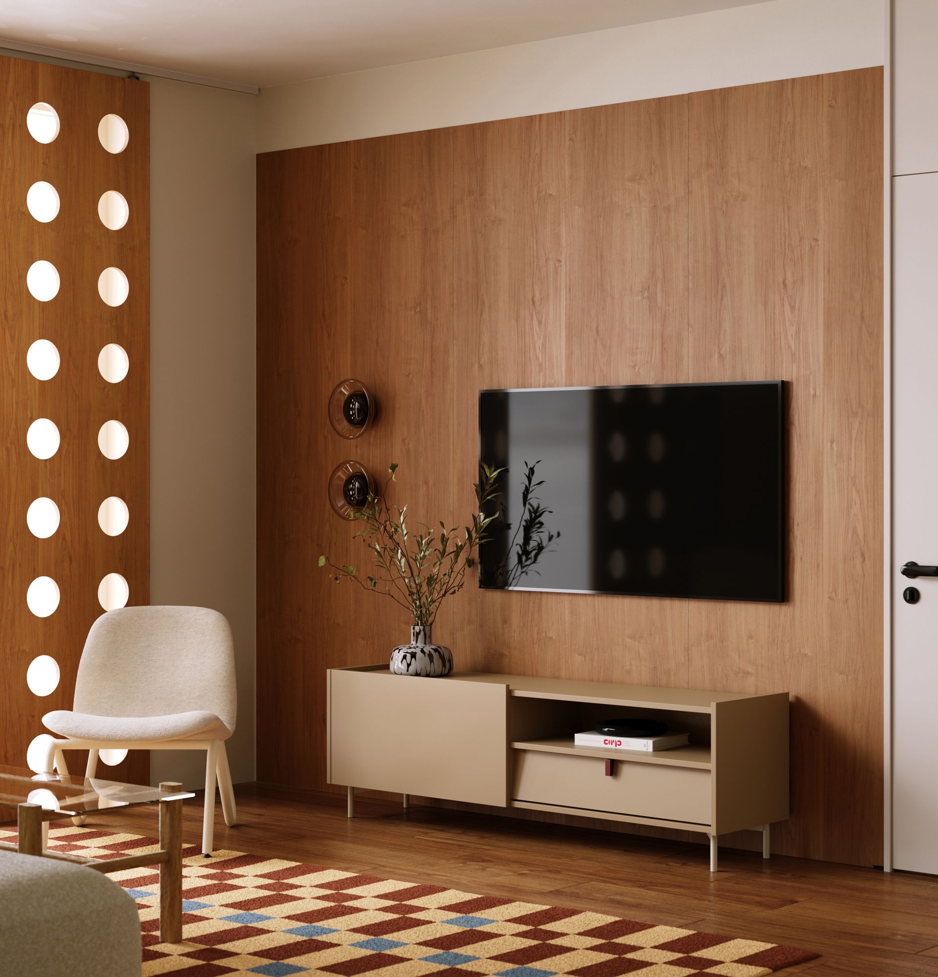 Armoire RTV SKRA SKR04
Couleur : Cappuccino
Poignée : Bourgogne
Pieds : SKRA Milky Way
