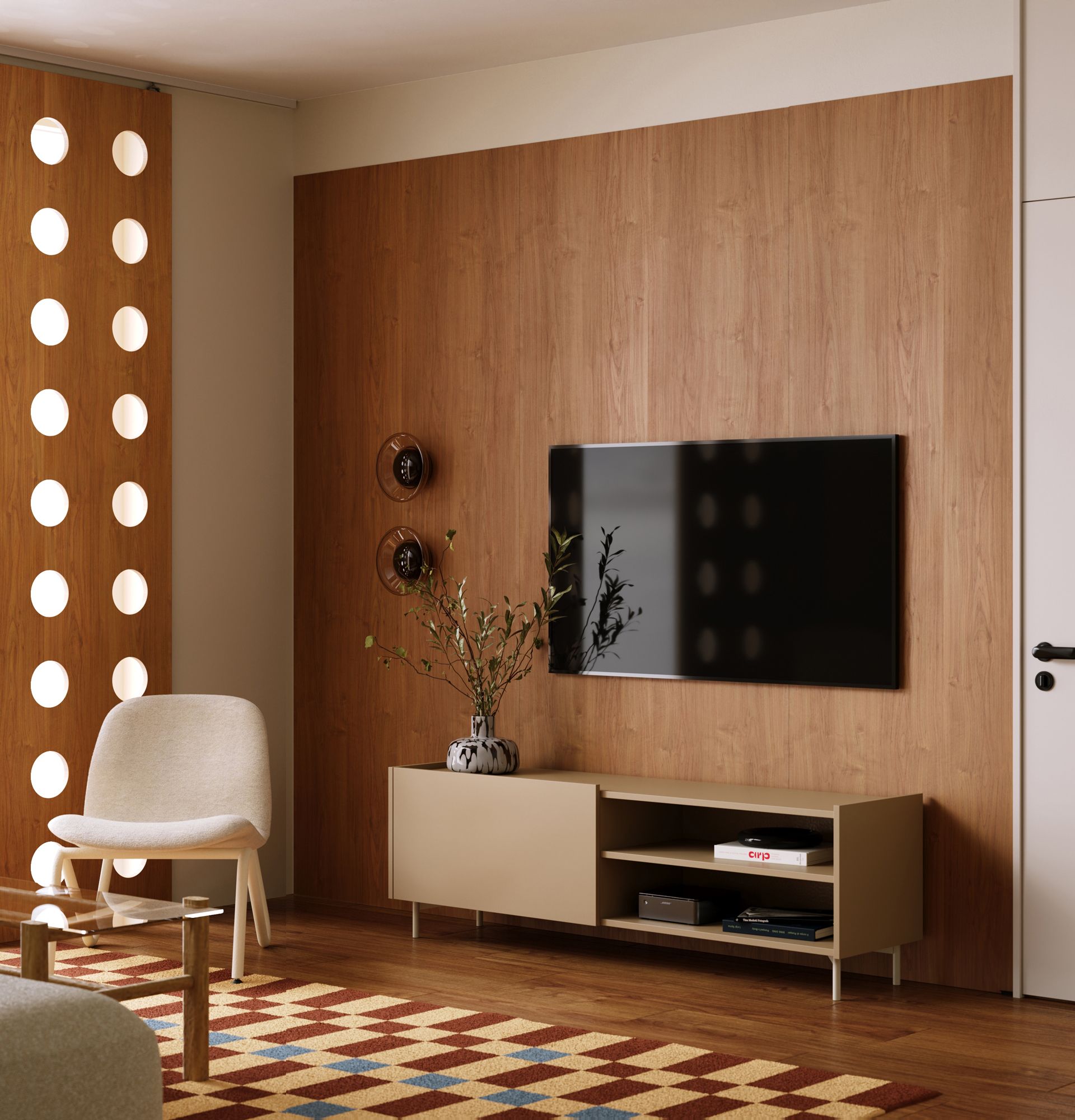 Armoire RTV SKRA SKR05
Couleur : Cappuccino
Pieds : SKRA Milky Way

                            