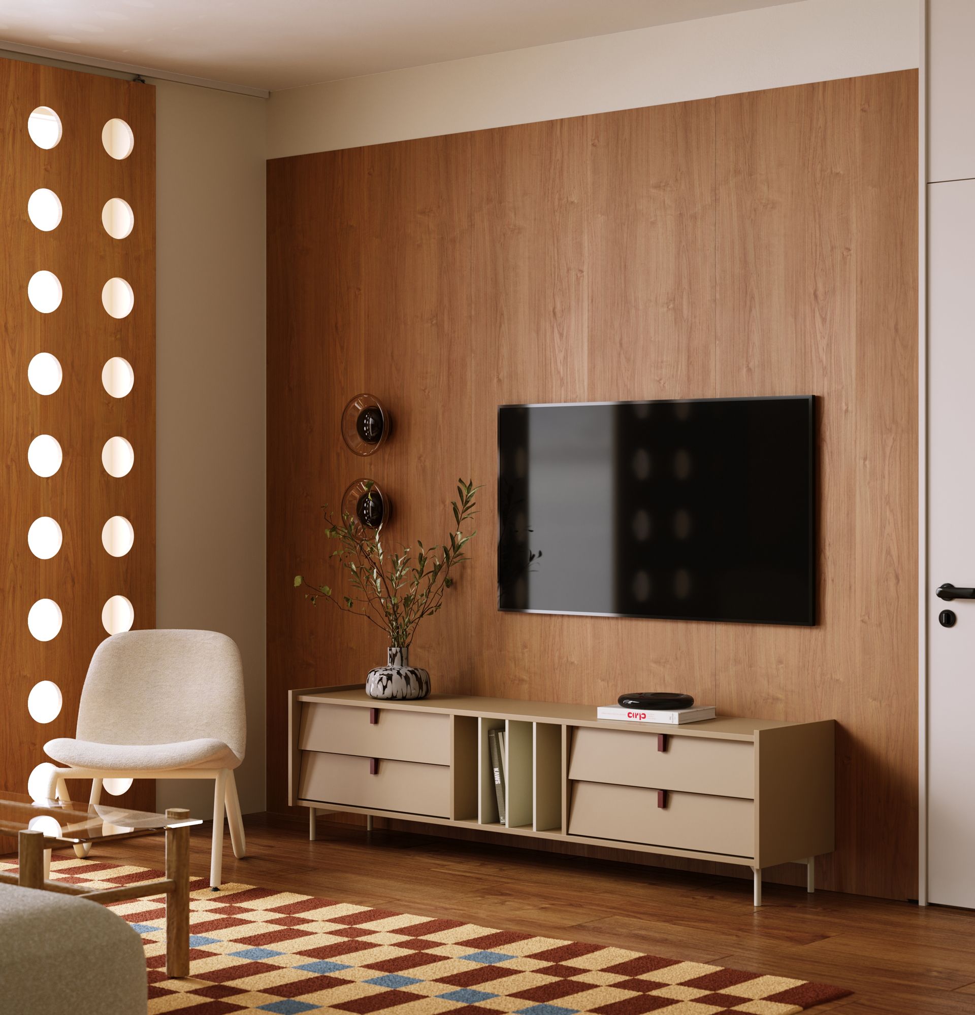 Armoire RTV SKRA SKR09
Couleur : Cappuccino
Poignée : Bourgogne
Pieds : SKRA Milky Way
                            