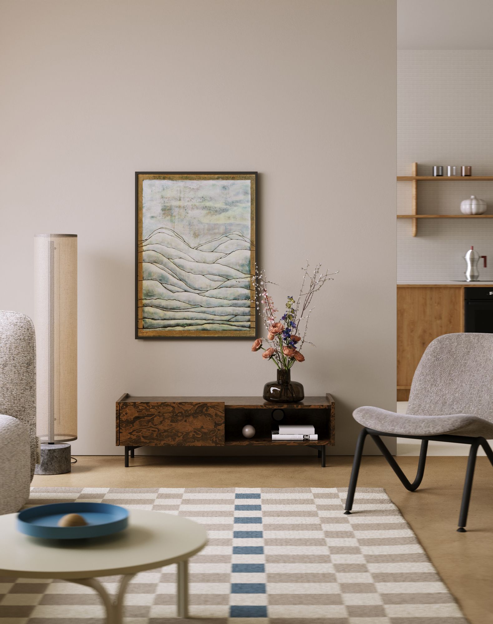 Armoire RTV SKRA SKR17
Couleur : placage à damier noyer foncé Alpi
Pieds : SKRA noir