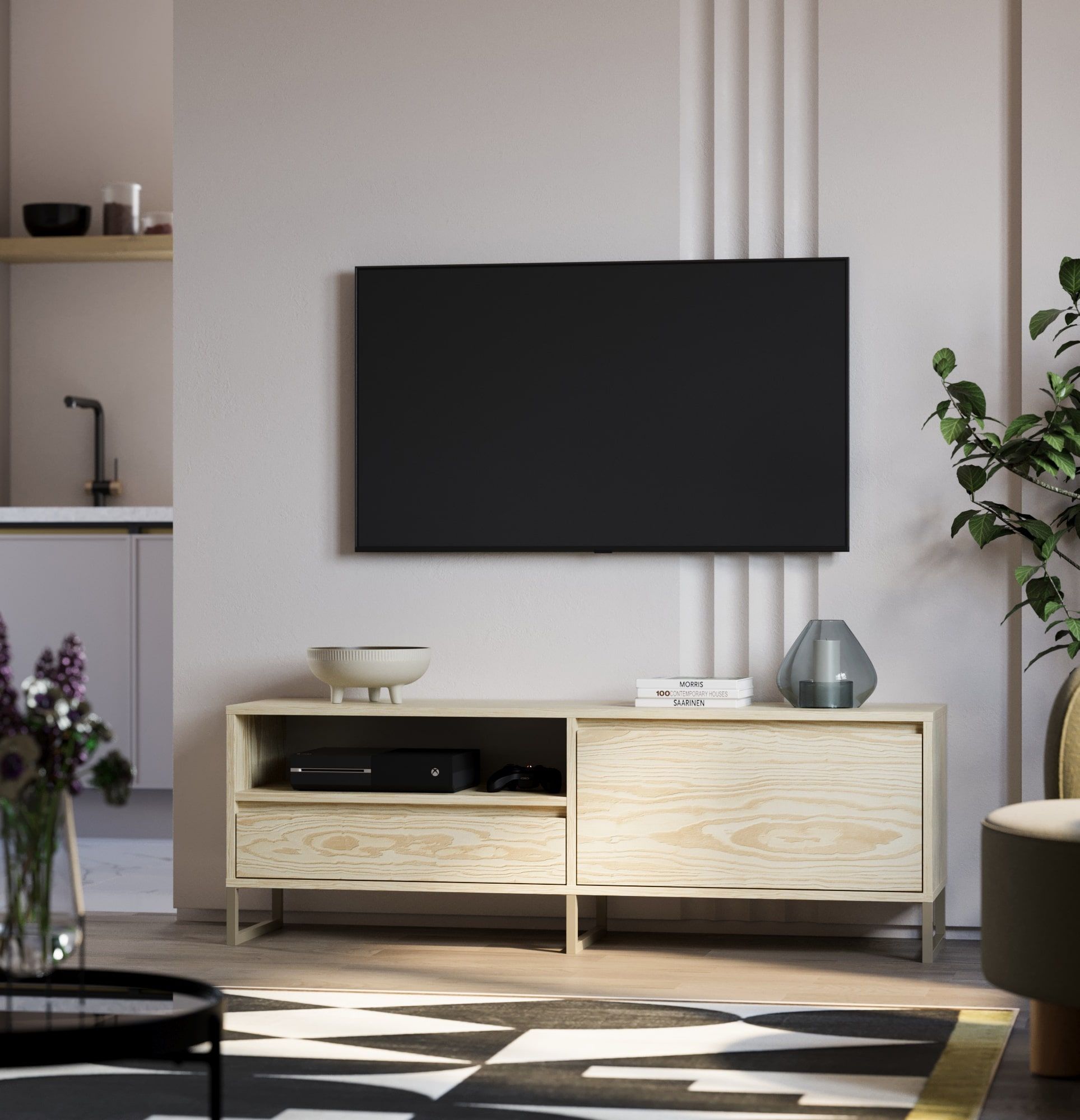 Armoire RTV ODIS BTV1
Couleur : Pin flammé
Couleur des pieds : pieds gris beige
                            