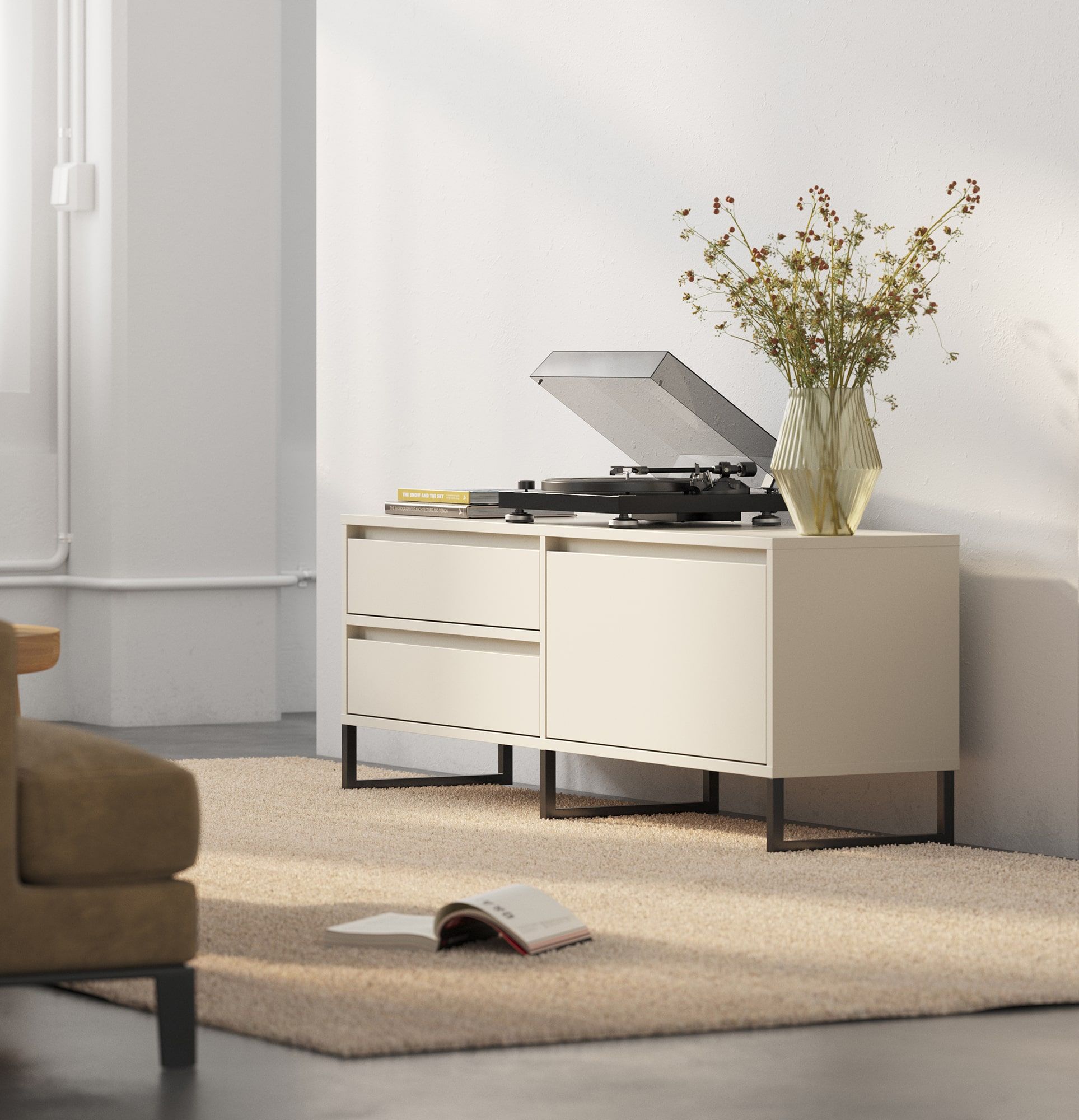 Armoire RTV ODIS BTV1S
Couleur : Beige Champagne
Couleur du pied : Pied noir
                            