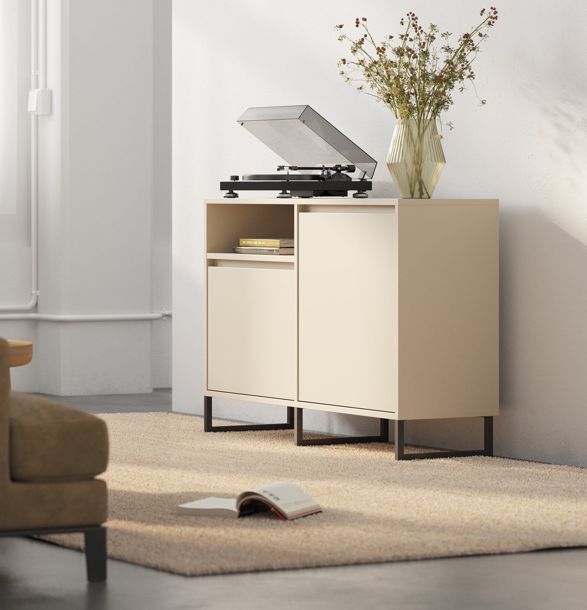 Armoire RTV ODIS BTV2
Couleur : Beige Champagne
Couleur du pied : Pied noir
                            