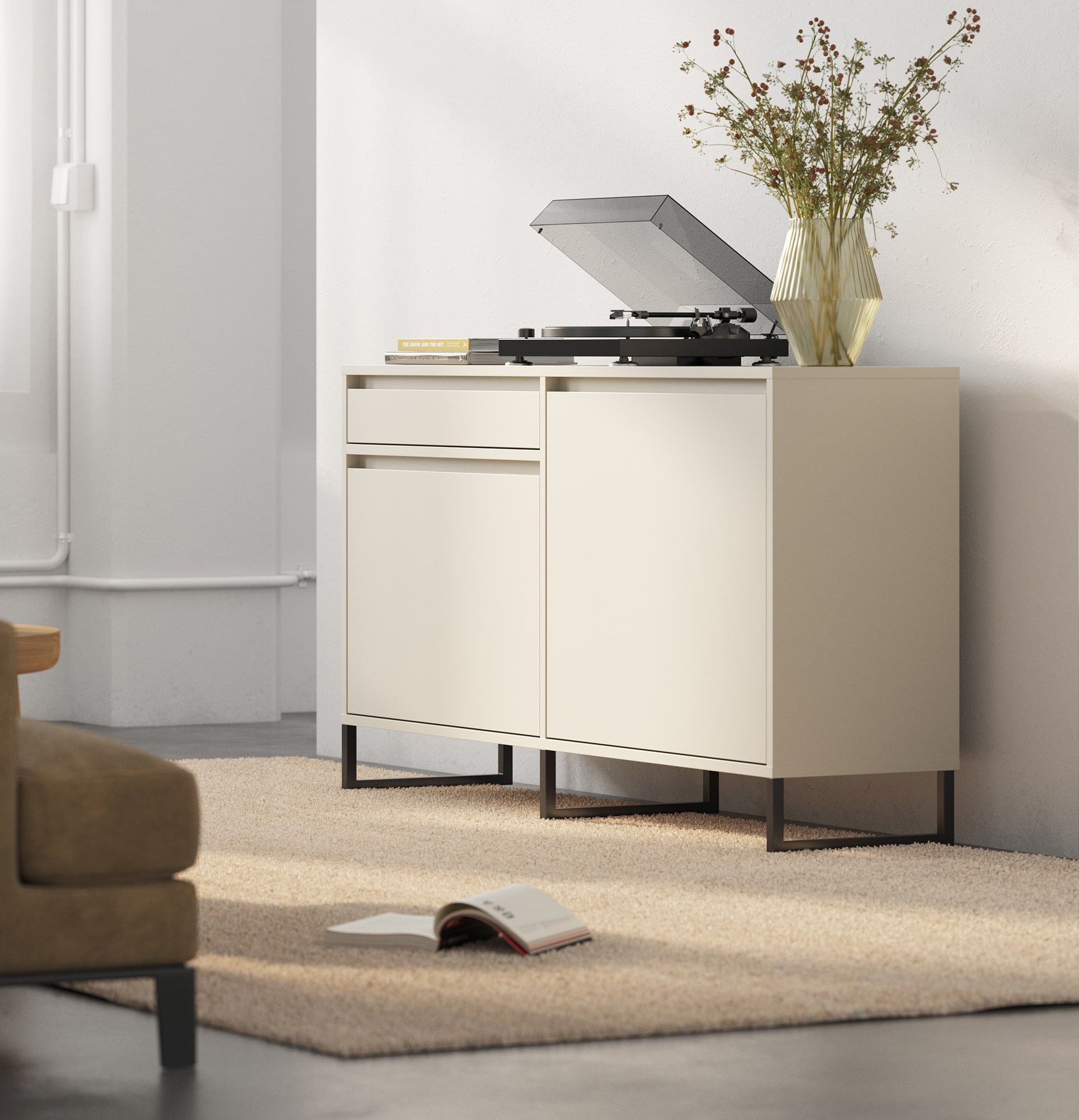 Armoire RTV ODIS BTV2S
Couleur : Beige Champagne
Couleur du pied : Pied noir
                            