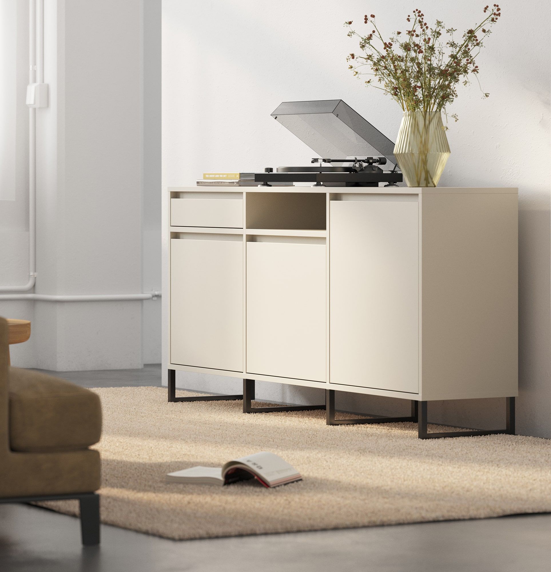 Armoire RTV ODIS BTV3S
Couleur : Beige Champagne
Couleur du pied : Pied noir
                            