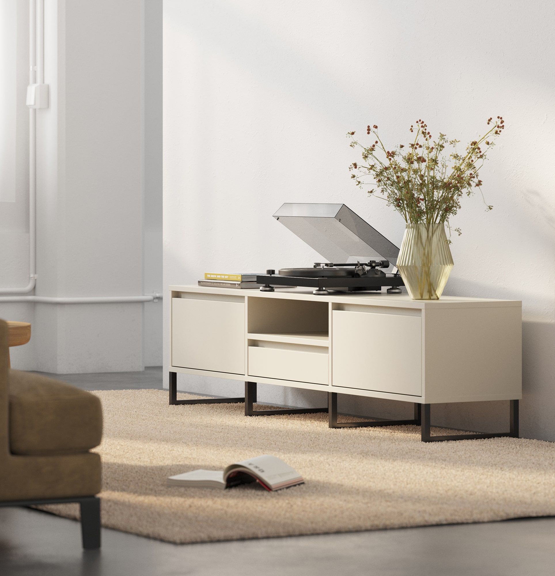 Armoire RTV ODIS BTV4
Couleur : Beige Champagne
Couleur du pied : Pied noir
                            