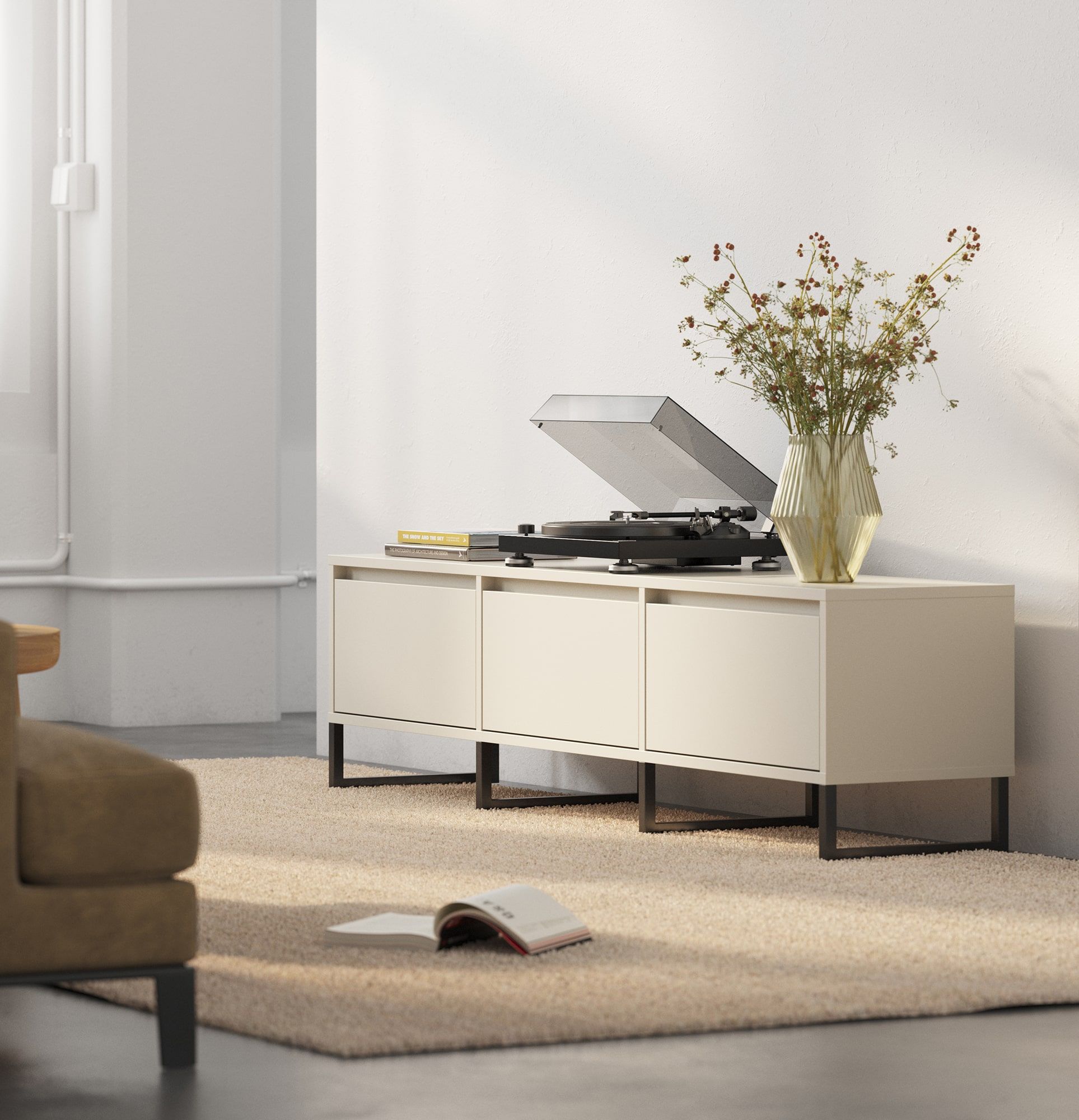 Armoire RTV ODIS BTV4K
Couleur : Beige Champagne
Couleur du pied : Pied noir
                            