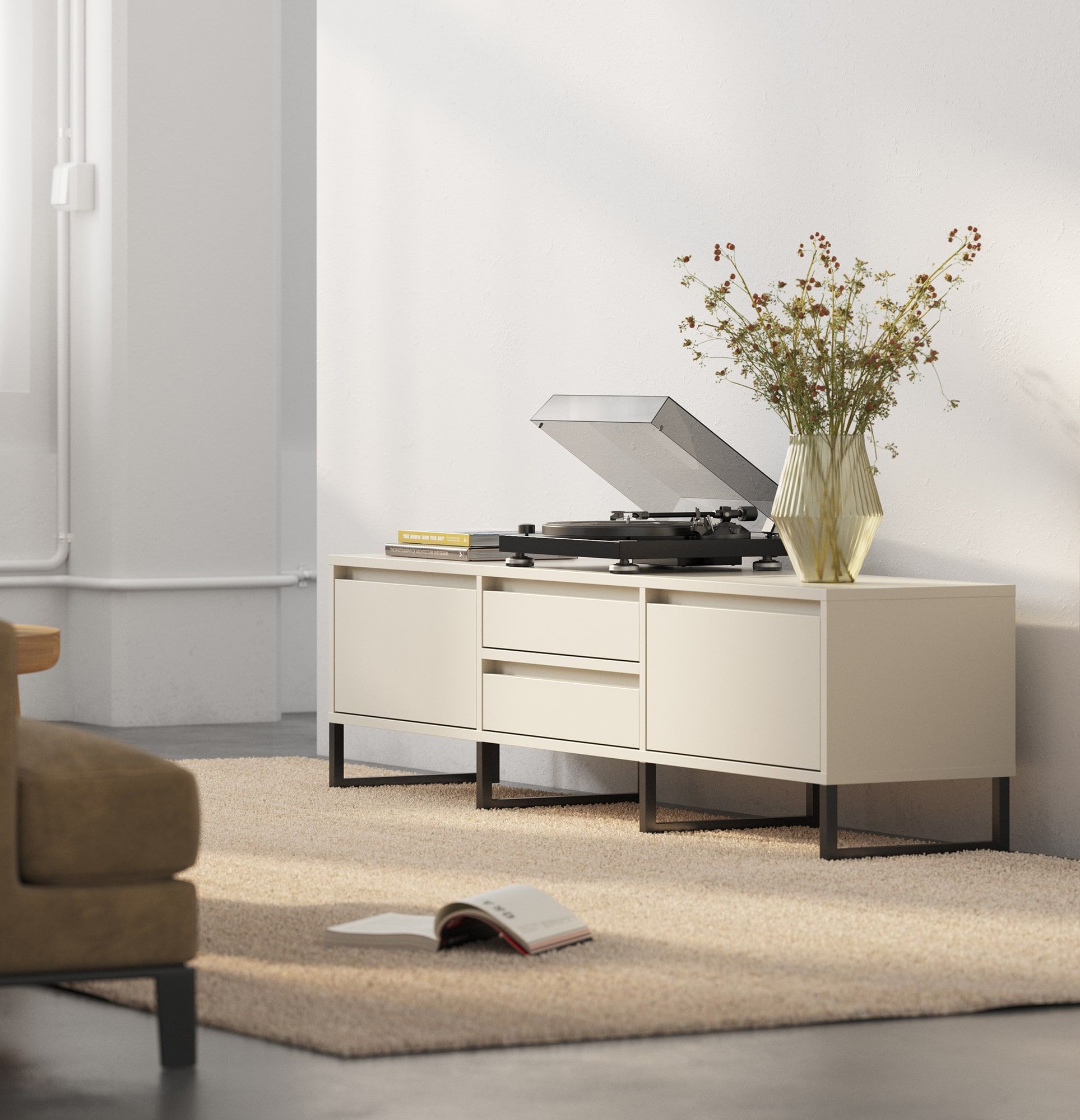 Armoire RTV ODIS BTV4S
Couleur : Beige Champagne
Couleur du pied : Pied noir
                            