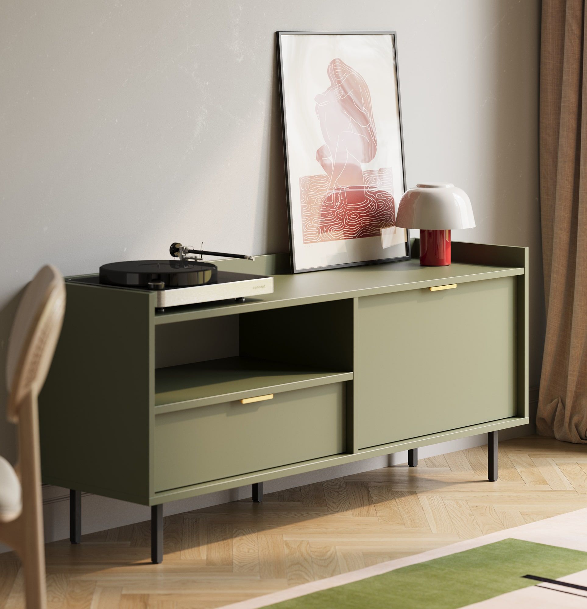 Armoire RTV SIGI S2TV1
Couleur : vert cyprès
Pied : noir
Poignée : Ling Gold