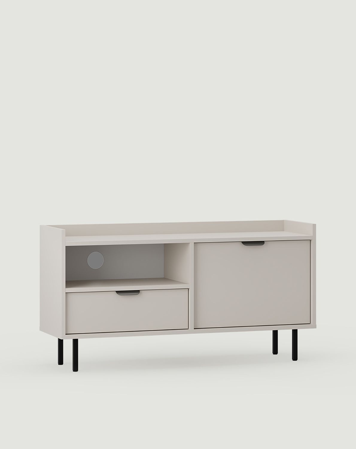Armoire RTV SIGI S2TV1
Couleur : Cachemire laineux
Pied : noir
Poignée : LAYERS 110 Poignée en basalte profond
                            
