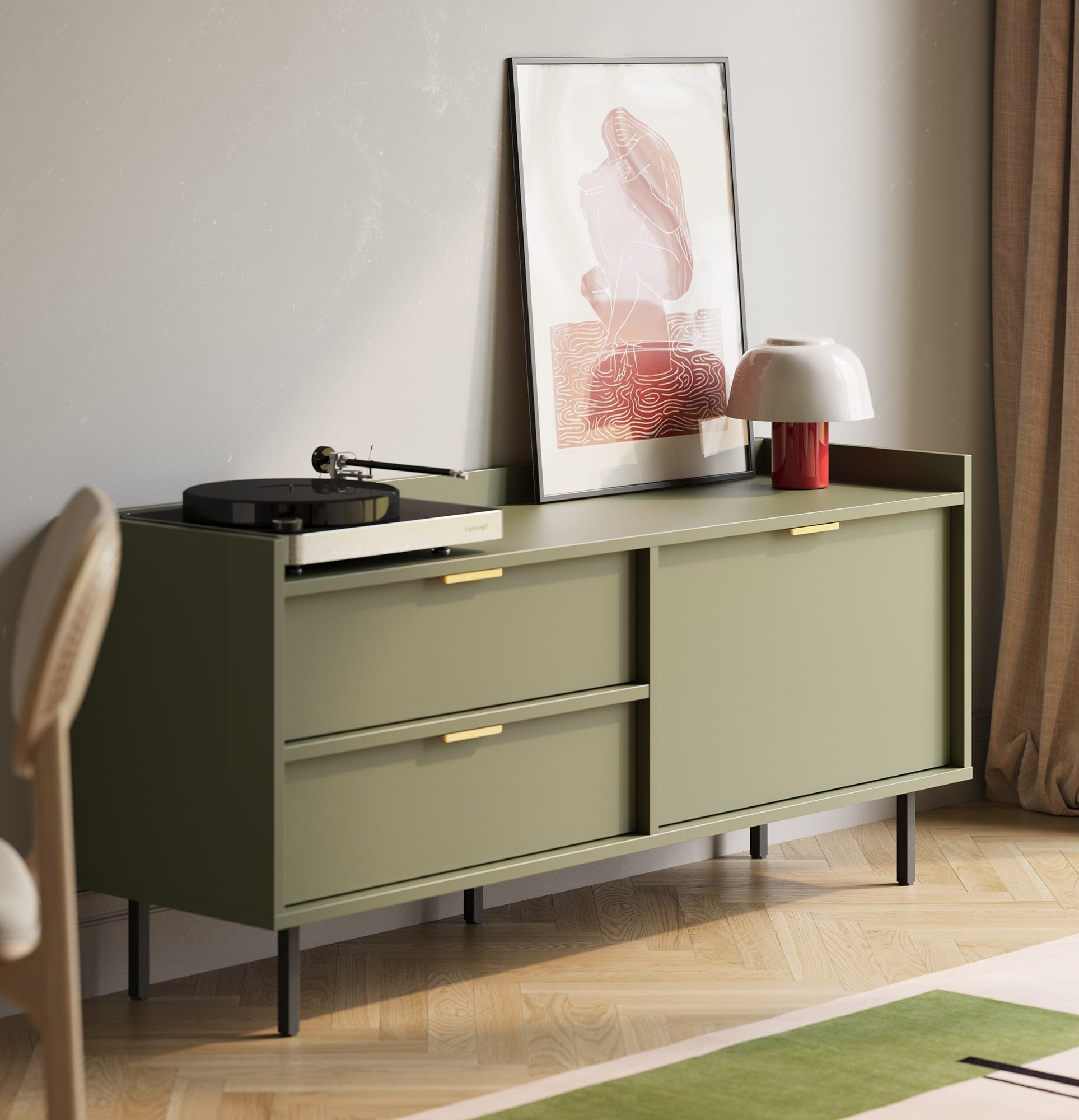 Armoire RTV SIGI S2TV2S
Couleur : vert cyprès
Pied : noir
Poignée : LING or
                            