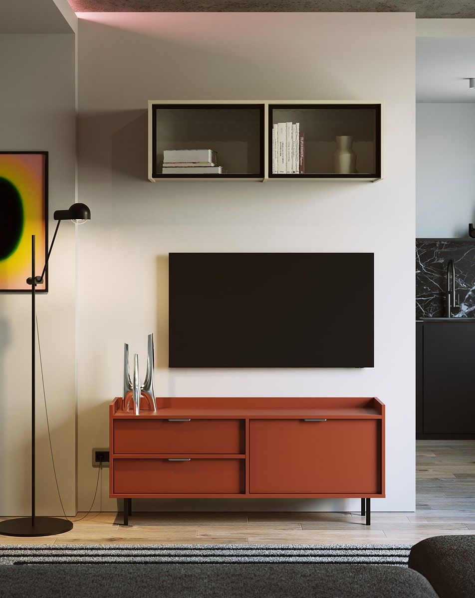 Armoire RTV SIGI S2TV2S
Couleur : terre cuite flamboyante
Pied : noir
Poignée : LING Argent