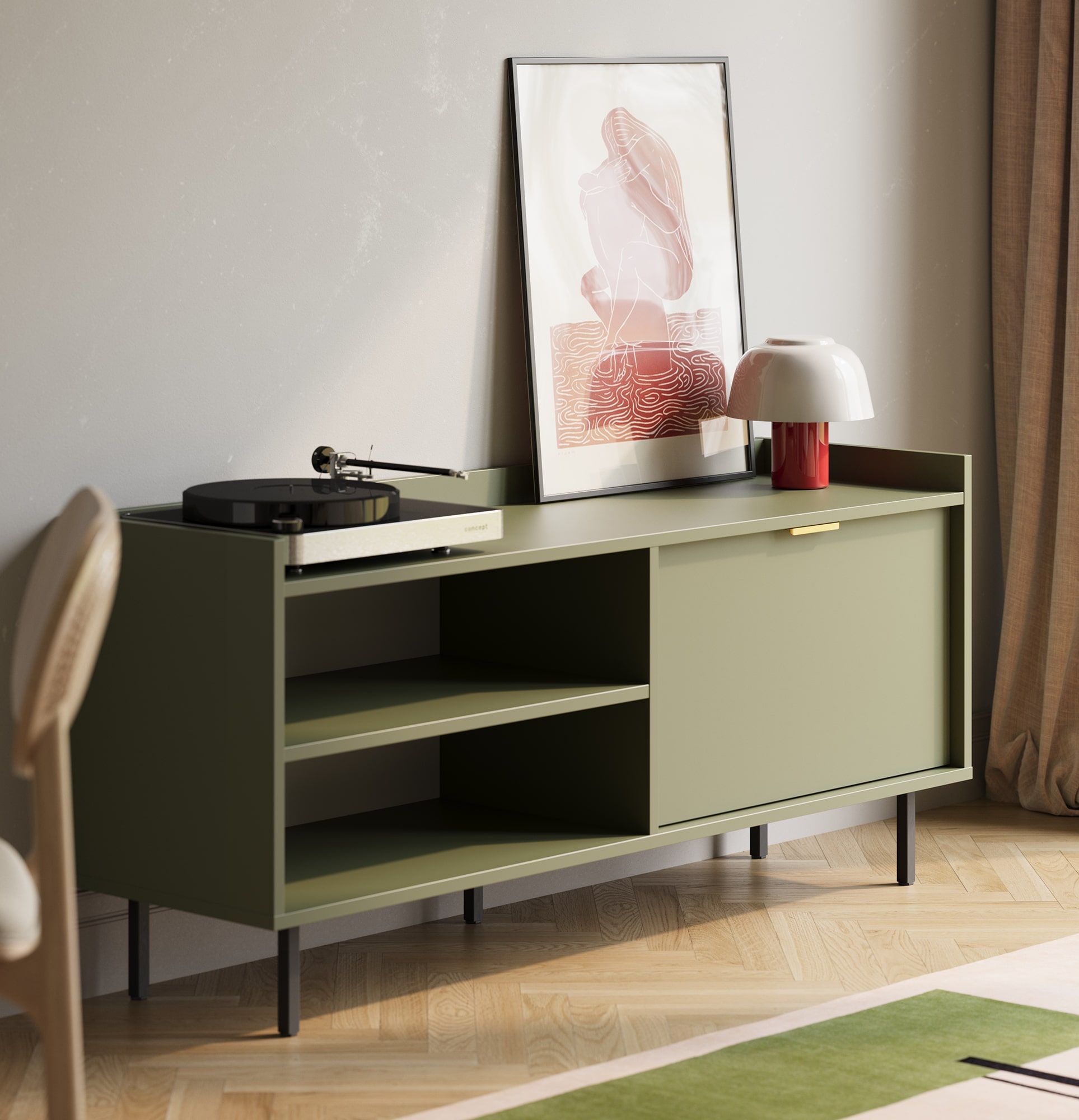 Armoire RTV SIGI S2TV3
Couleur : vert cyprès
Pied : noir
Poignée : LING or
