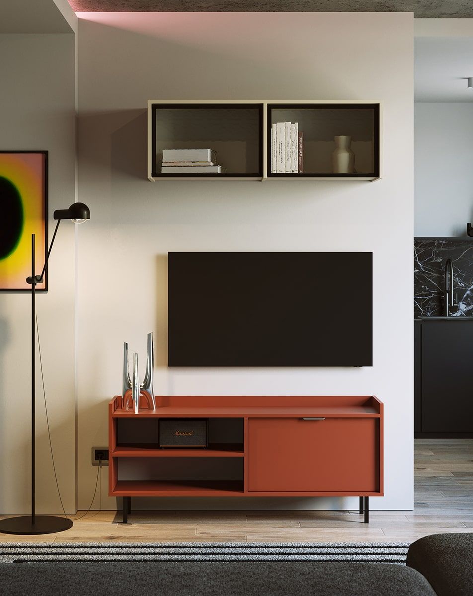 Armoire RTV SIGI S2TV3
Couleur : terre cuite flamboyante
Pied : noir
Poignée : LING Argent
                            