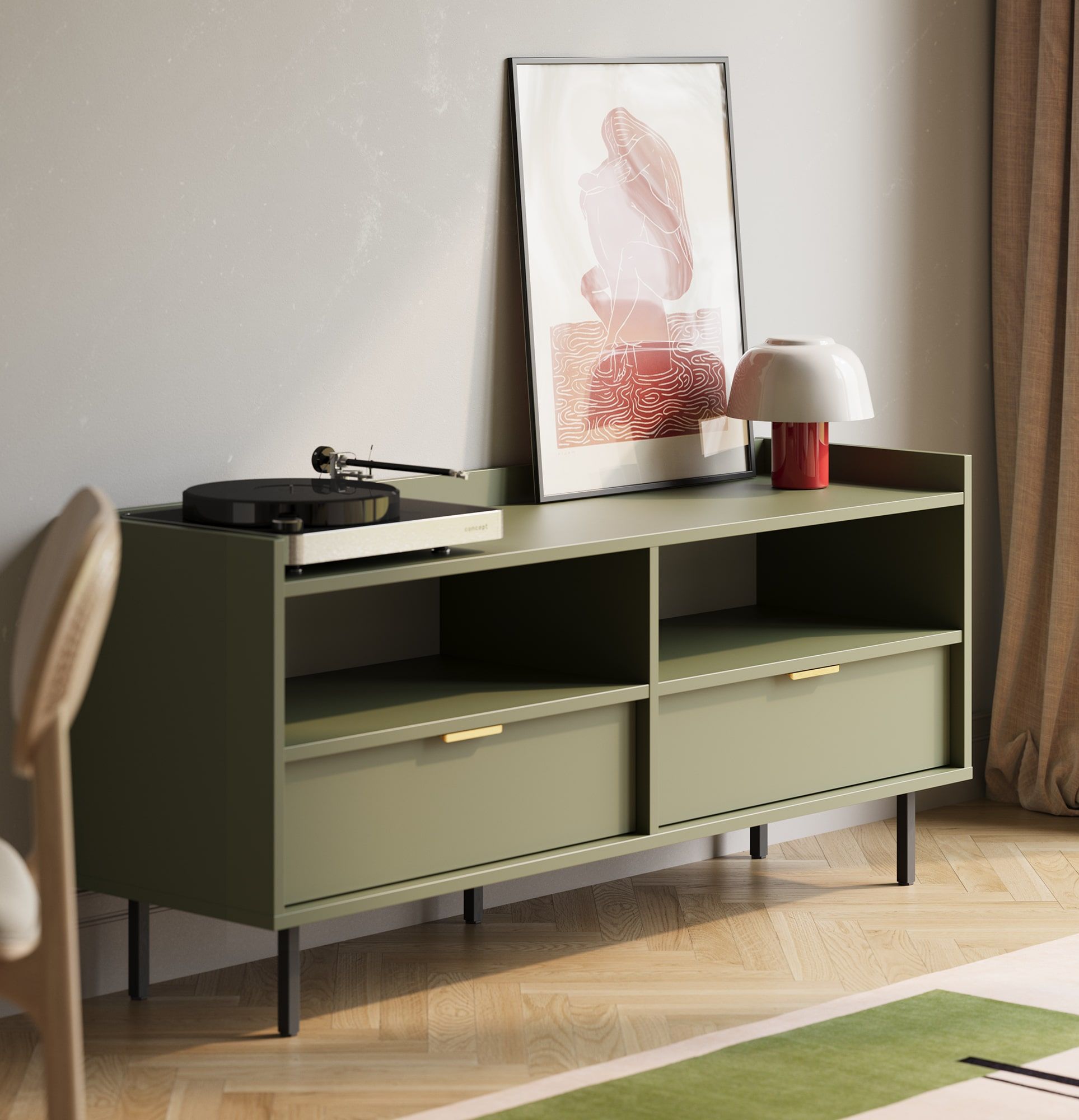 Armoire RTV SIGI S2TV5
Couleur : vert cyprès
Pied : noir
Poignée : LING or

