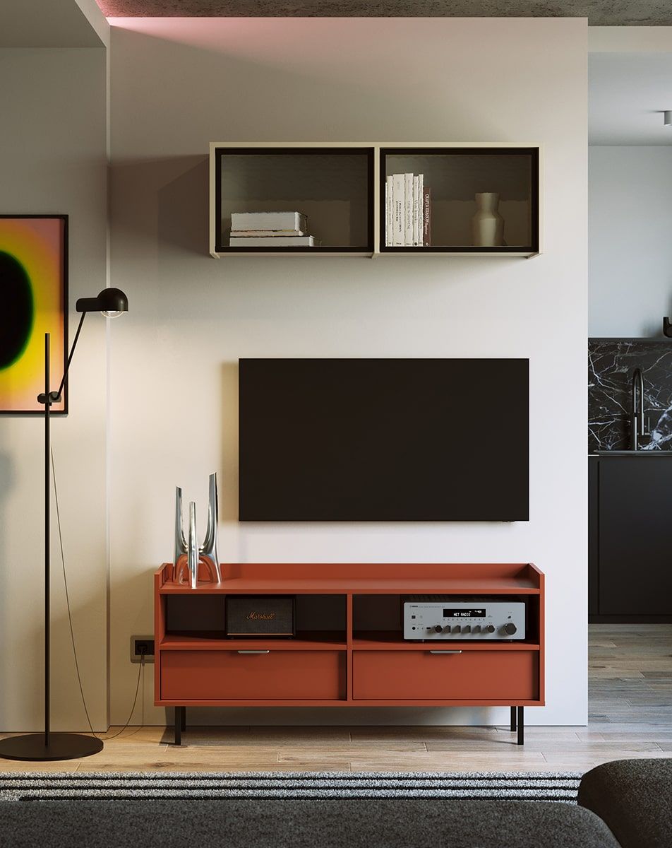 Armoire RTV SIGI S2TV5
Couleur : terre cuite flamboyante
Pied : noir
Poignée : LING Argent