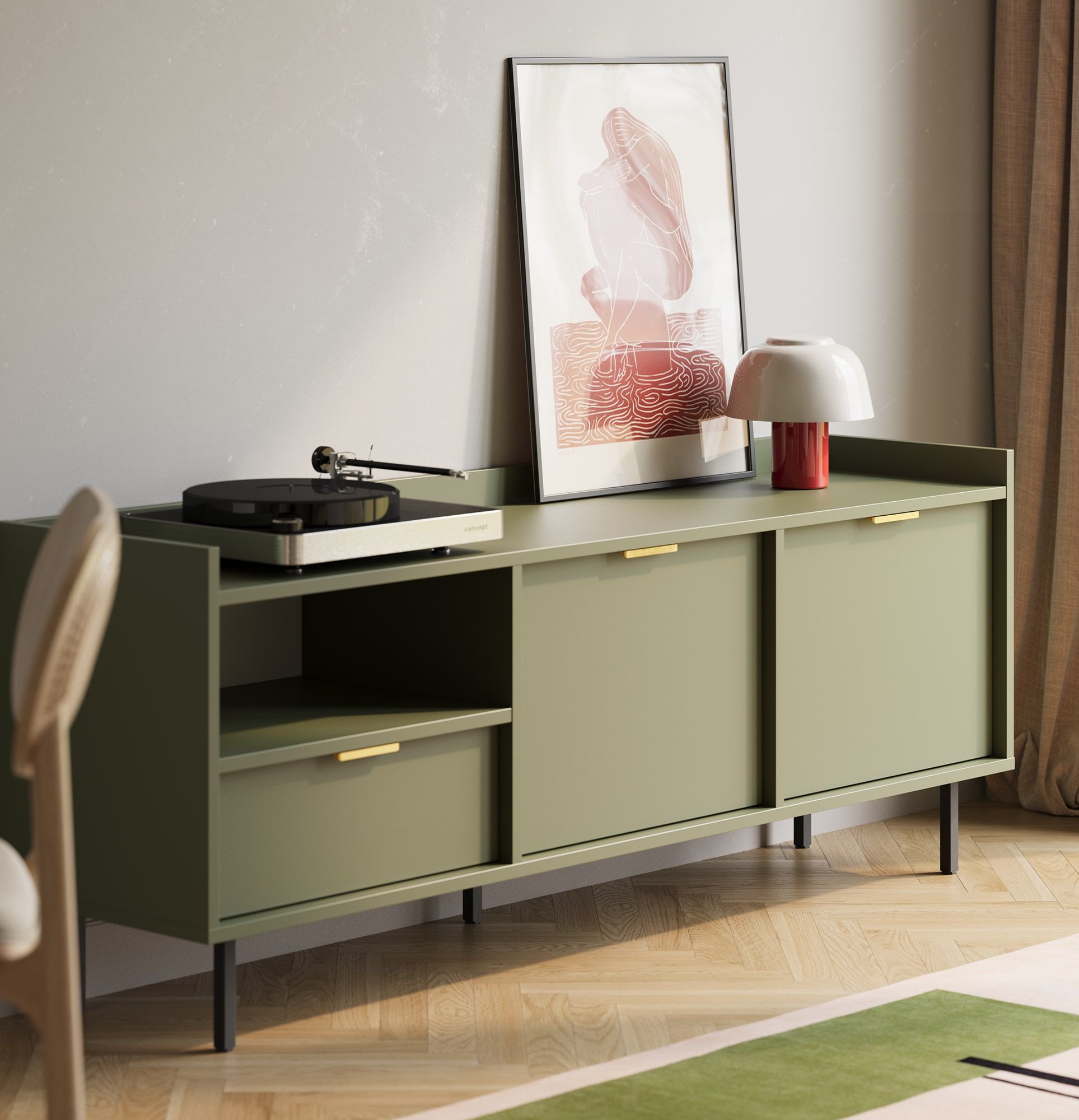 Armoire RTV SIGI STV1
Couleur : vert cyprès
Pied : noir
Poignée : LING or