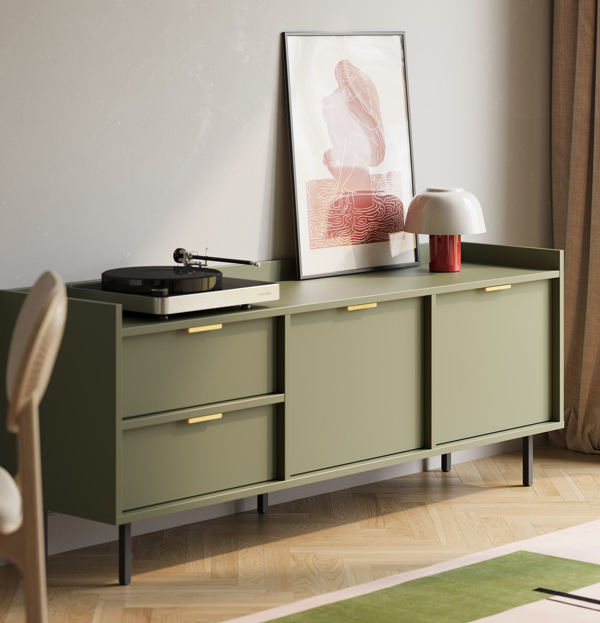 Armoire RTV SIGI STV2S
Couleur : vert cyprès
Pied : noir
Poignée : LING or