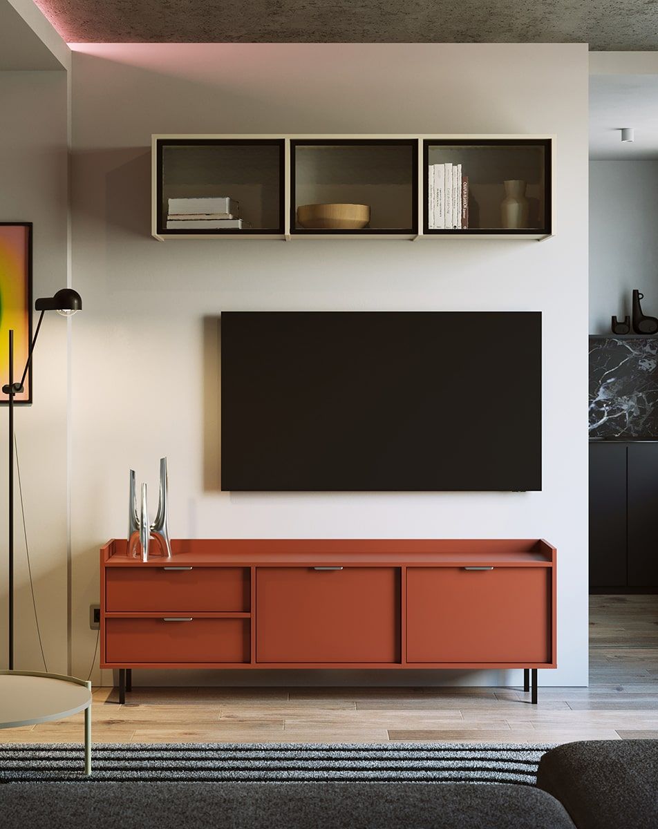 Armoire RTV SIGI STV2S
Couleur : terre cuite flamboyante
Pied : noir
Poignée : LING Argent