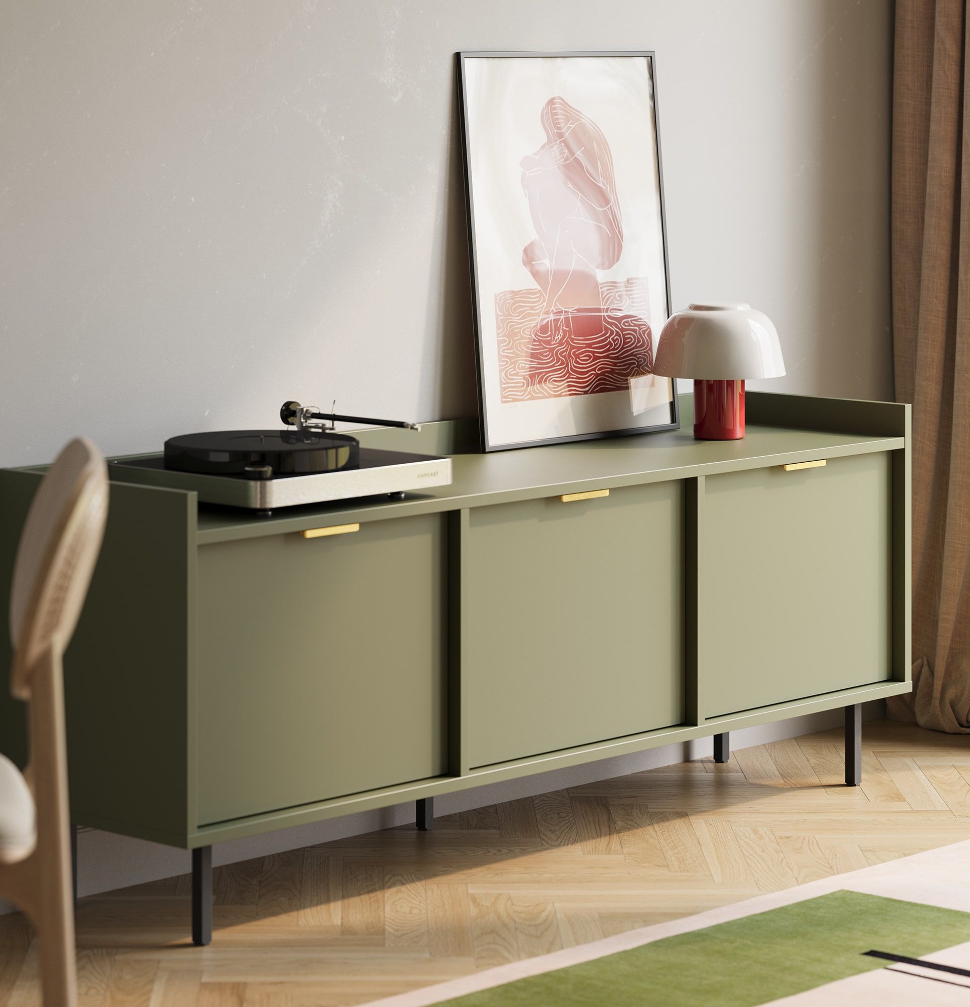 Armoire RTV SIGI STV3K
Couleur : vert cyprès
Pied : noir
Poignée : LING or