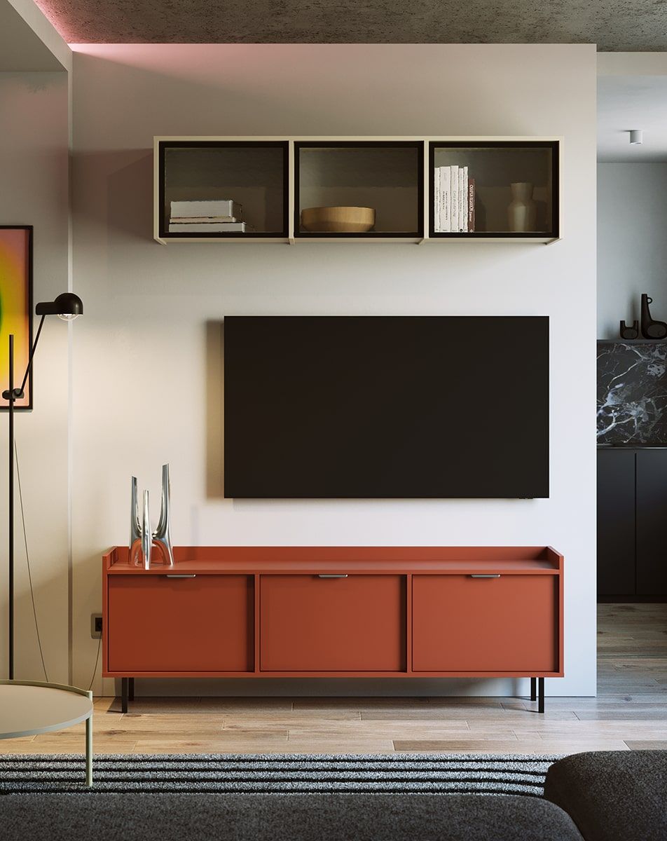 Armoire RTV SIGI STV3K
Couleur : Terracotta ardent
Pied : noir
Poignée : argent LING