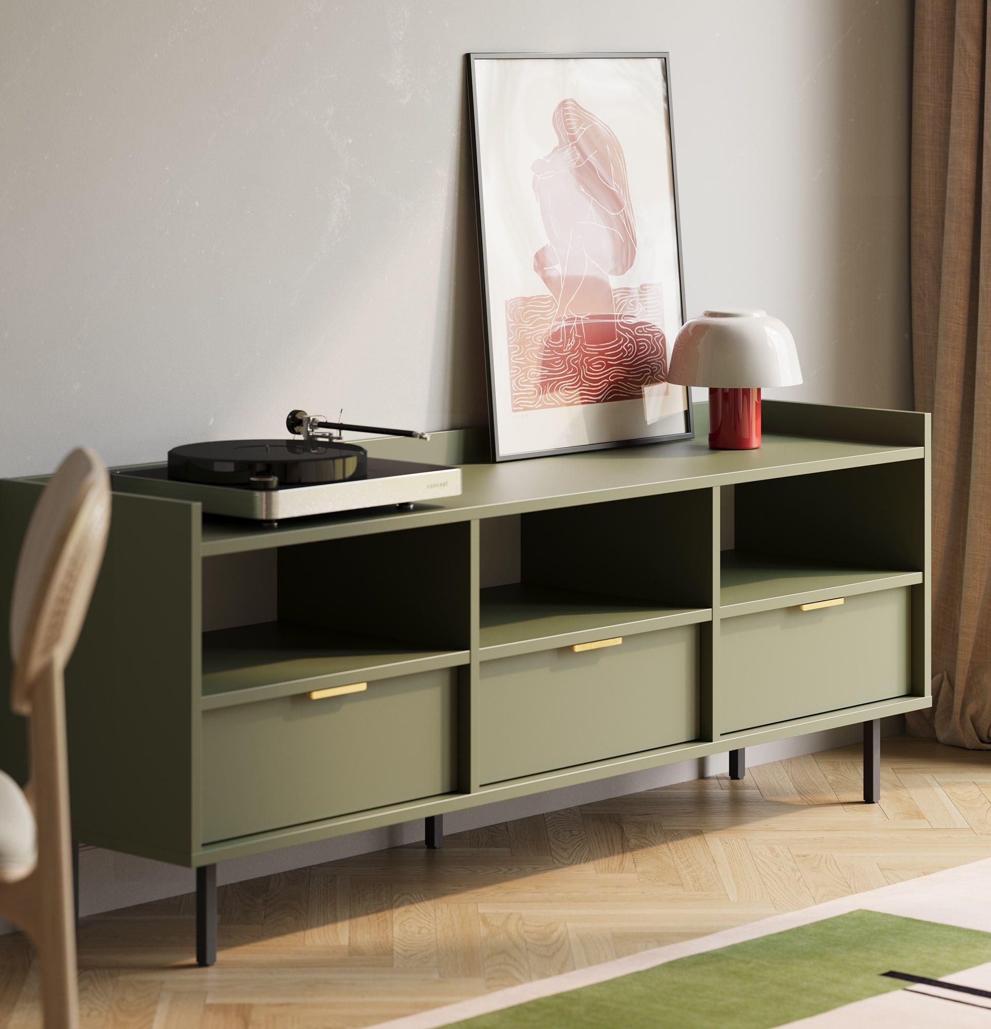 Armoire RTV SIGI STV3S
Couleur : vert cyprès
Pied : noir
Poignée : LING or