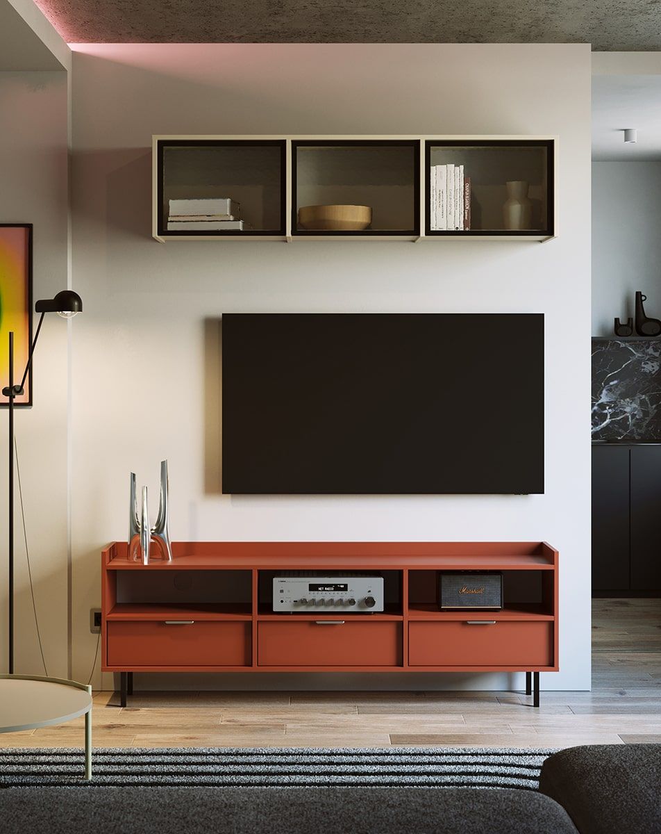 Armoire RTV SIGI STV3S
Couleur : Terracotta ardent
Pied : noir
Poignée : argent LING