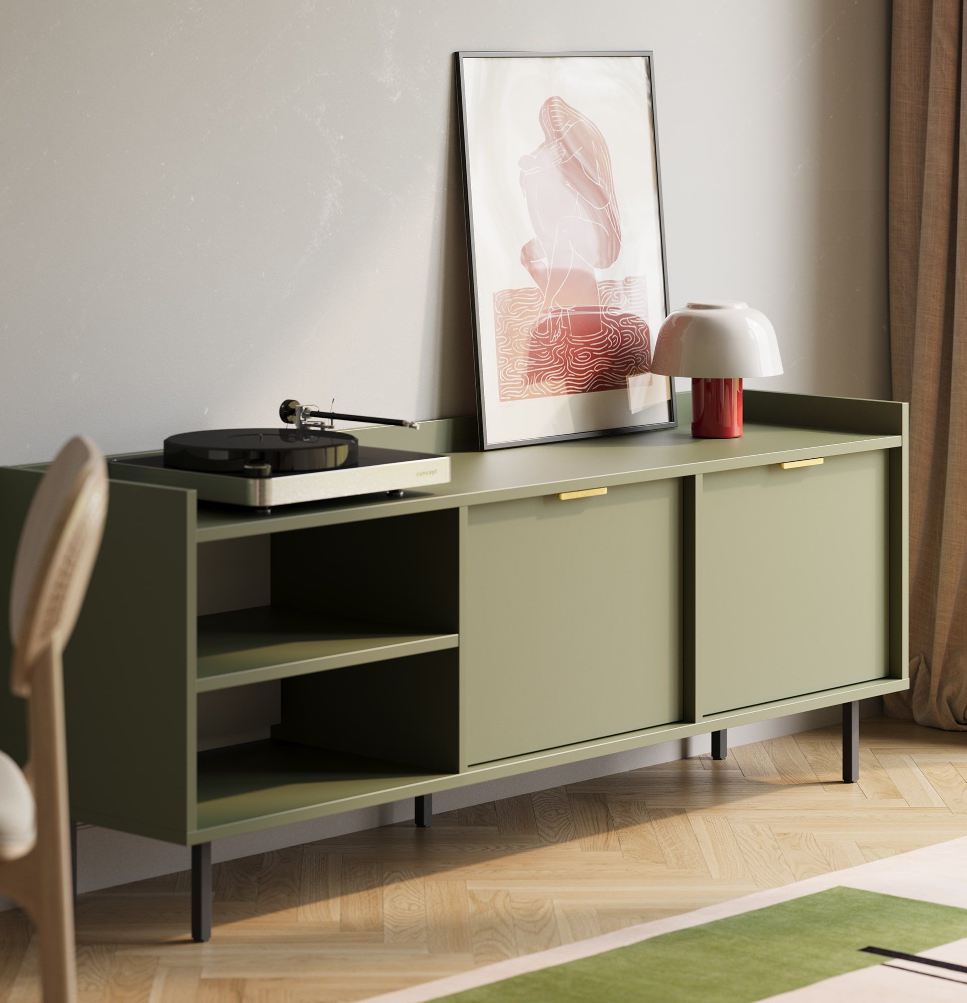 Armoire RTV SIGI STV4
Couleur : vert cyprès
Pied : noir
Poignée : LING or