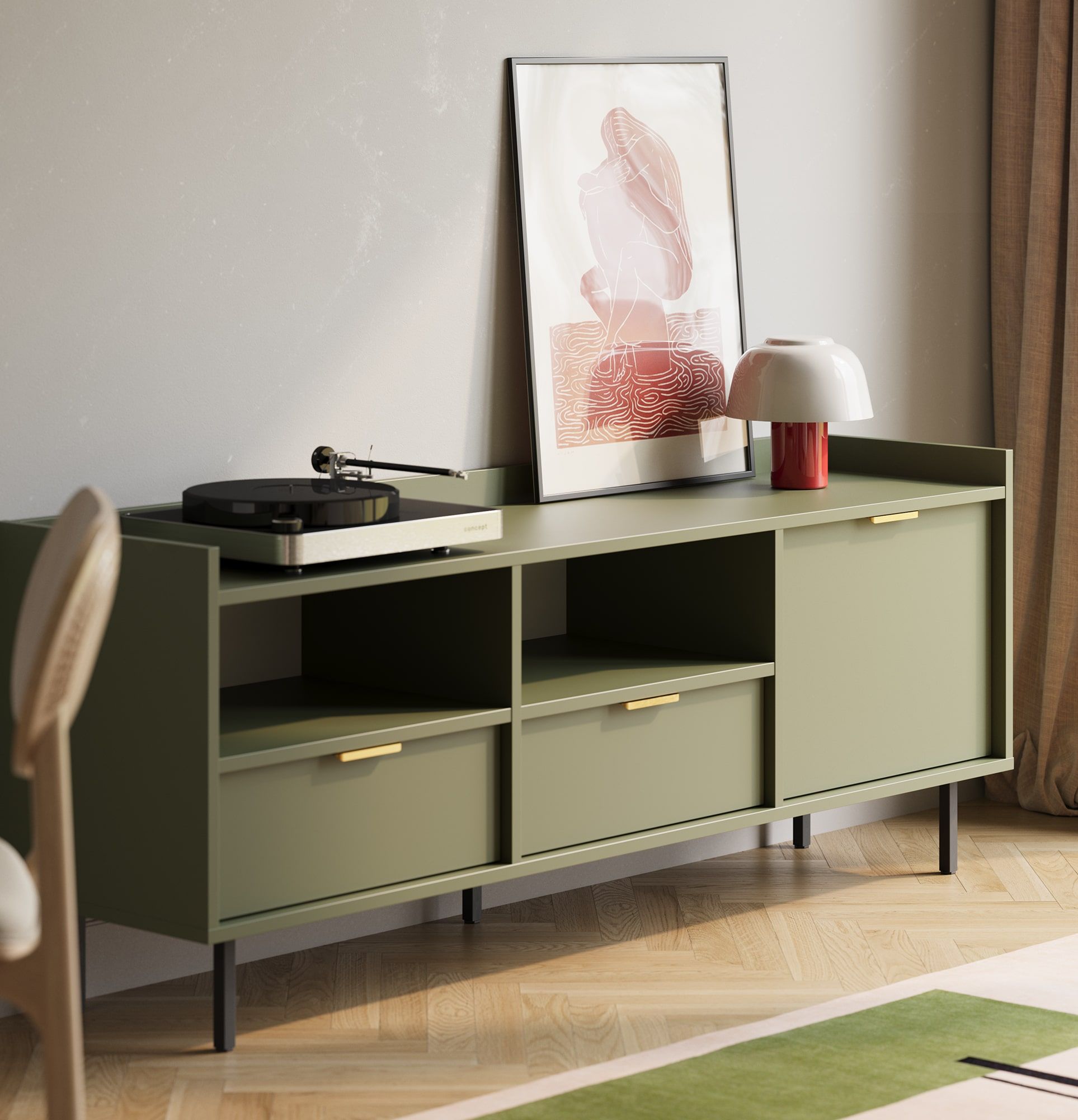Armoire RTV SIGI STV5
Couleur : vert cyprès
Pied : noir
Poignée : LING or