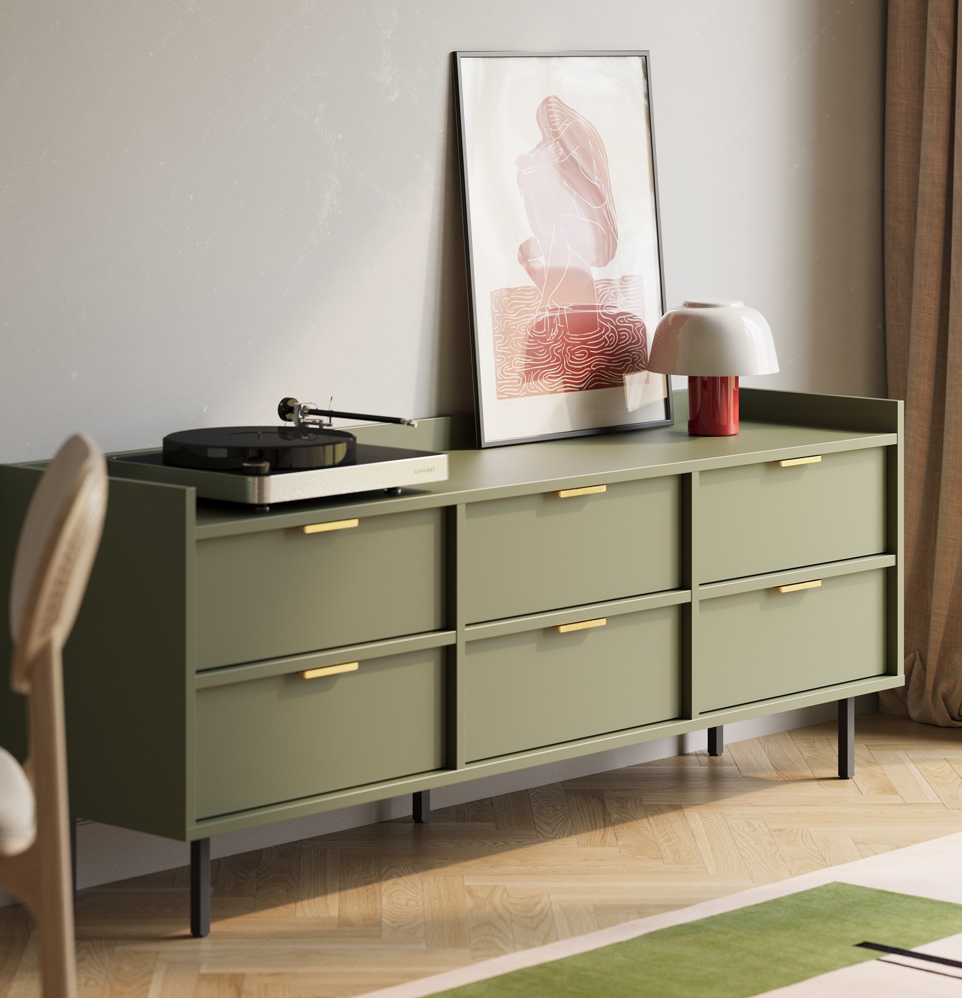 Armoire RTV SIGI STV6S
Couleur : vert cyprès
Pied : noir
Poignée : LING or