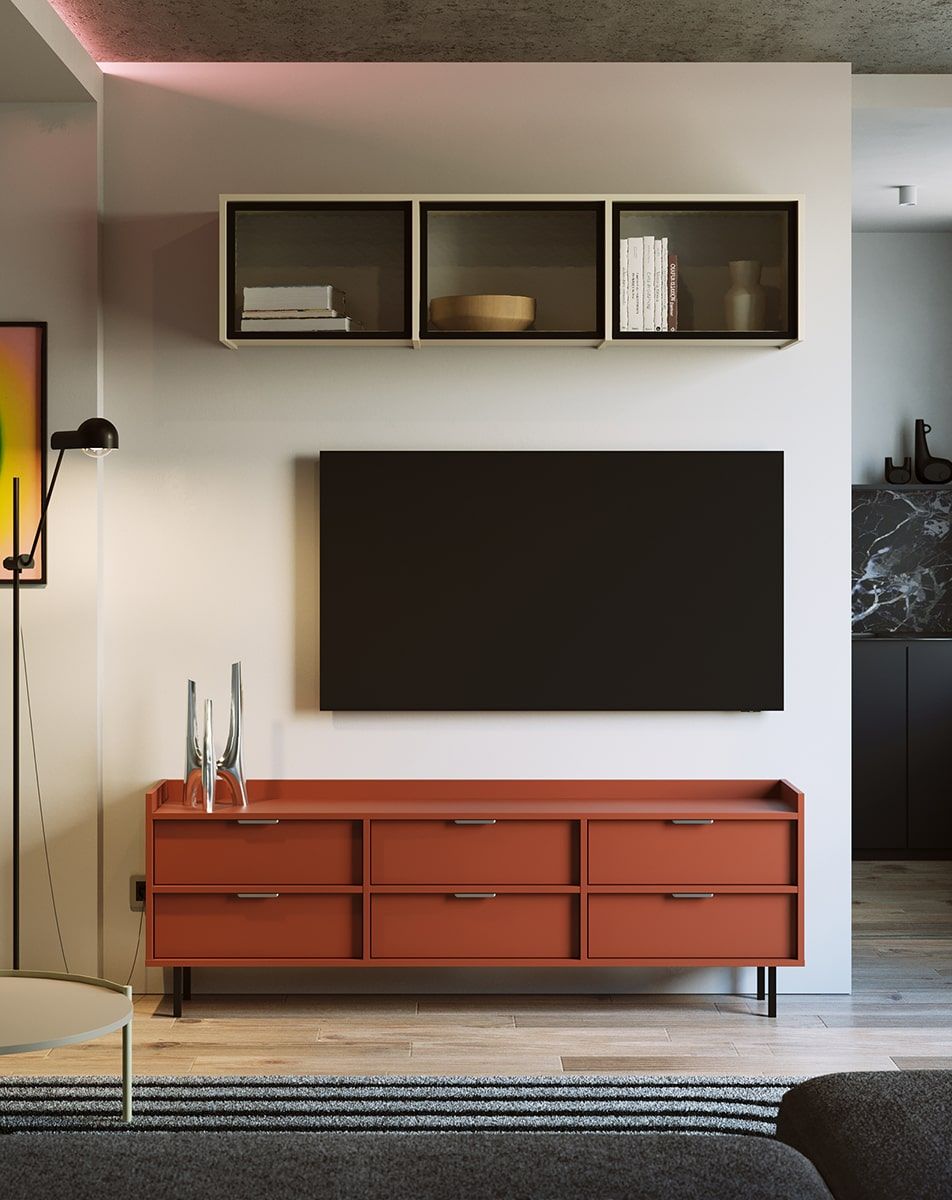 Armoire RTV SIGI STV6S
Couleur : Terracotta ardent
Pied : Noir
Poignée : argent LING
