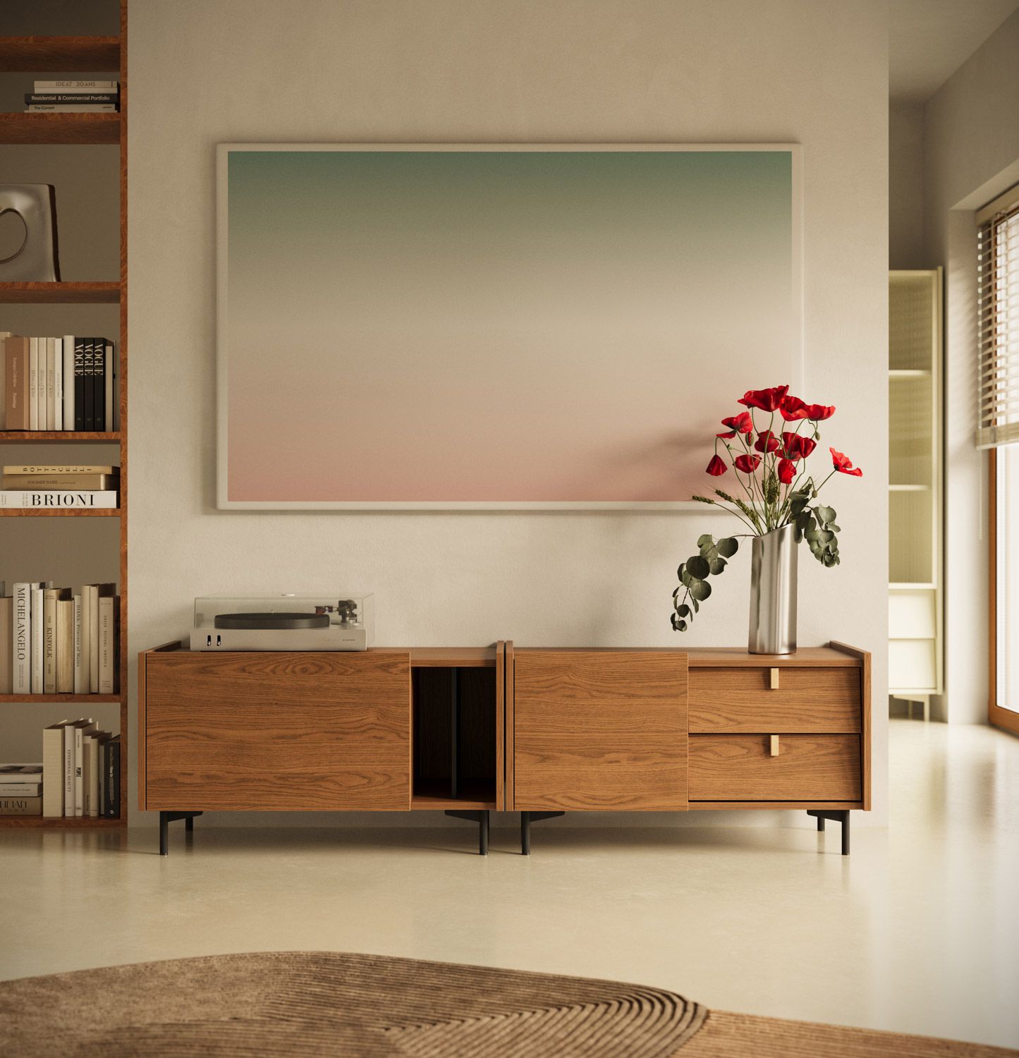 Armoire RTV SKRA SKR01 et SKR02
Couleur : Chêne rustique
Pied : noir
Poignée : Cale en chêne