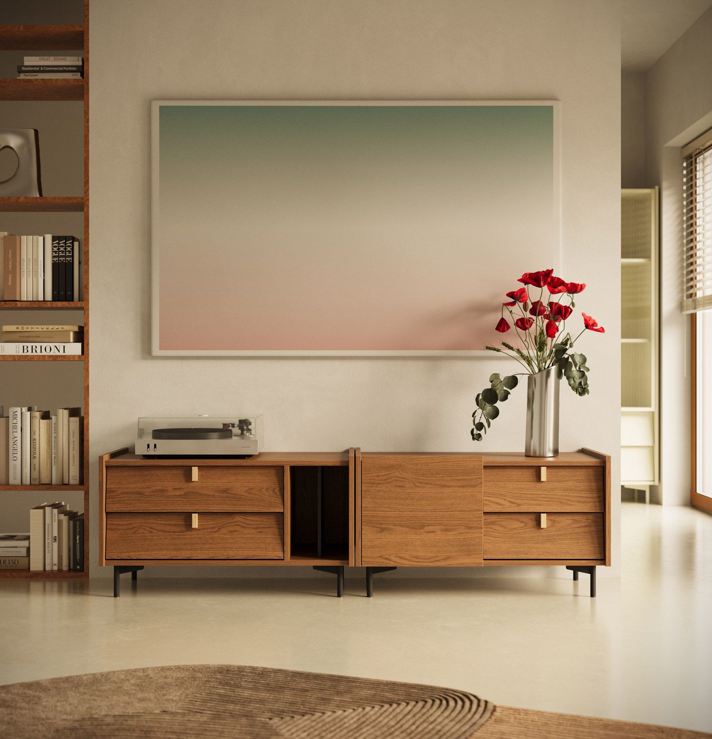 Armoire RTV SKRA SKR02 et SKR03
Couleur : Chêne rustique
Pied : noir
Poignée : Cale en chêne