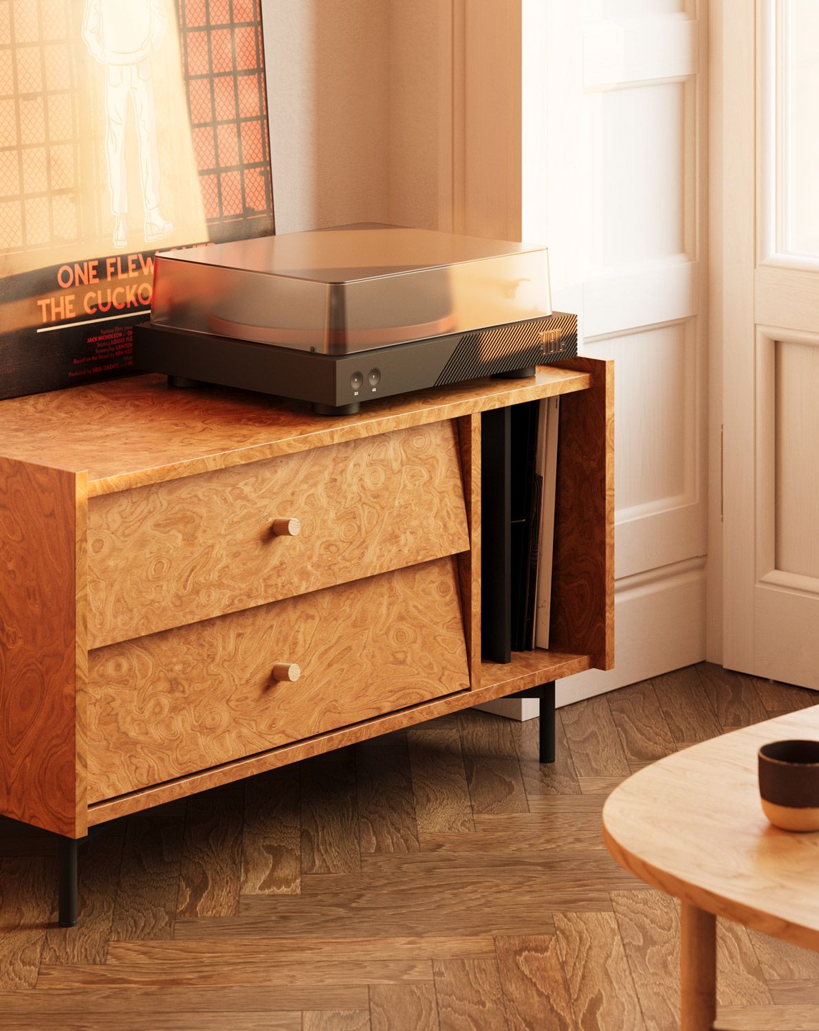 Armoire RTV SKRA SKR02
Couleur : Noyer quadrillé
Pied : noir
Poignée : bouton en chêne