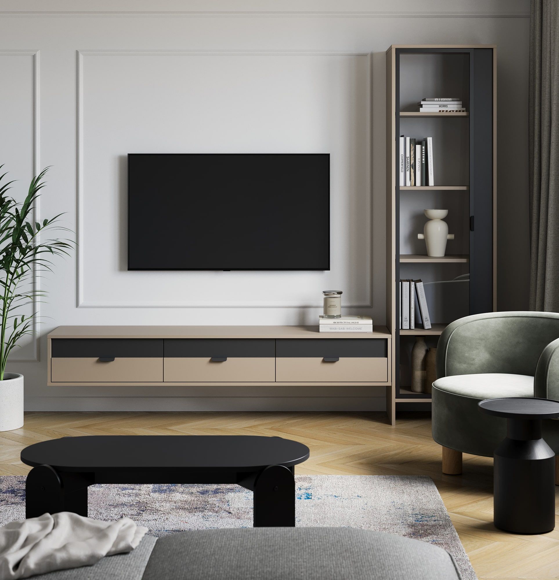 Armoire RTV murale LAYERS LAY06
Couleur : Cappuccino
Couleur de la face avant de la deuxième couche : Deep Basalt
Poignée : poignée LAYERS 110 Deep Basalt