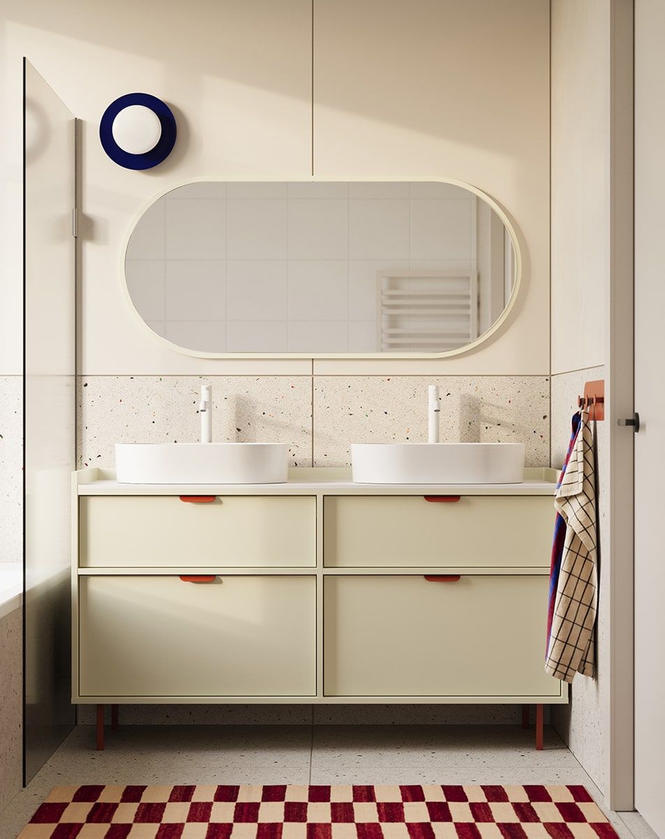 Armoire SIGI avec deux lavabos OMNIRES S2U03
Couleur : Voie lactée
Pied : Terracotta ardente
Poignée : LAYERS 110 Terracotta feu
Vasque : OVO M+ White gloss OMNIRES
Robinet : Tall Y Blanc Mat OMNIRES
                            