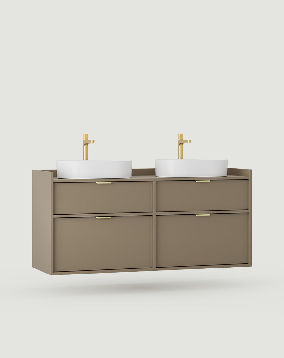 SIGI armoire avec deux lavabos OMNIRES suspendu WS2U03
Couleur : brun café
Pied : Milky Way
Poignée : LING Gold
Vasque : OVO M+ White gloss OMNIRES
Robinet : Contour Gold Brushed OMNIRES
                            