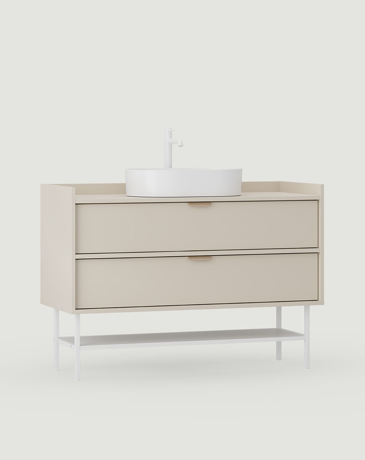Armoire SIGI avec lavabo OMNIRES SU02
Couleur : Cachemire enveloppant
Pied : Blanc
Poignée : LAYERS 110 Cappuccino
Vasque : OVO M+ Blanc brillant OMNIRES
Robinet : Tall Y Blanc Mat OMNIRES
                            