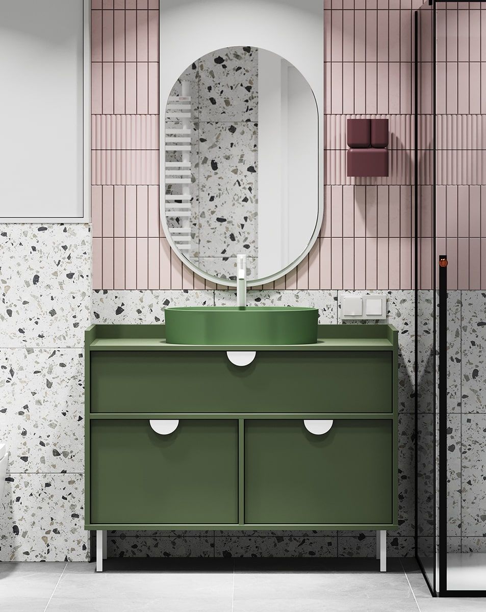 Armoire SIGI avec lavabo OMNIRES SU01
Couleur : vert cyprès
Pied : blanc
Poignée : poignée en bois RIND
Vasque : OVO M+ Olive OMNIRES
Robinet : Tall Y Blanc Mat OMNIRES