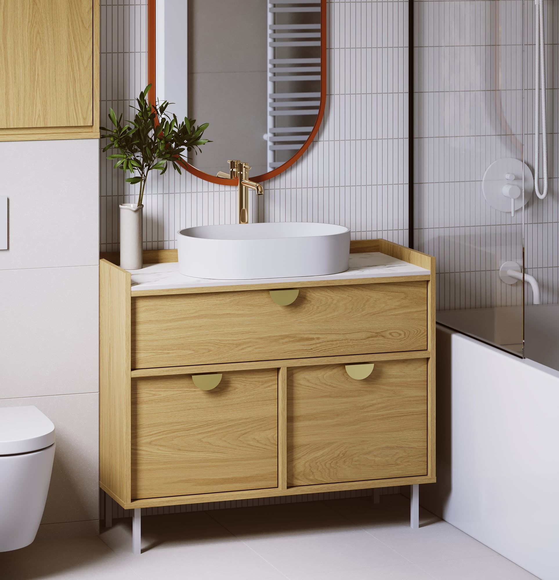 Armoire SIGI avec lavabo OMNIRES SU01
Couleur : chêne naturel
Pied : blanc
Poignée : Poignée RIND Or
Lavabo : OVO M+ Blanc brillant OMNIRES
Robinet : High Y Gold OMNIRES
Plan de travail : Marbre doré