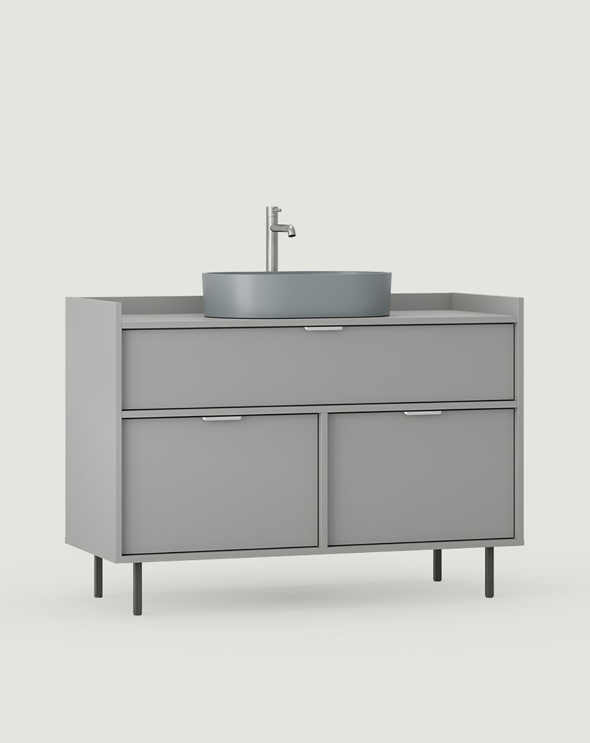 Armoire SIGI avec lavabo OMNIRES SU01
Couleur : Poussière de lune
Pied : Voie lactée
Poignée : LING Silver
Vasque : OVO M+ Gris cendré OMNIRES
Robinet : Tall Y Nickel OMNIRES
                            