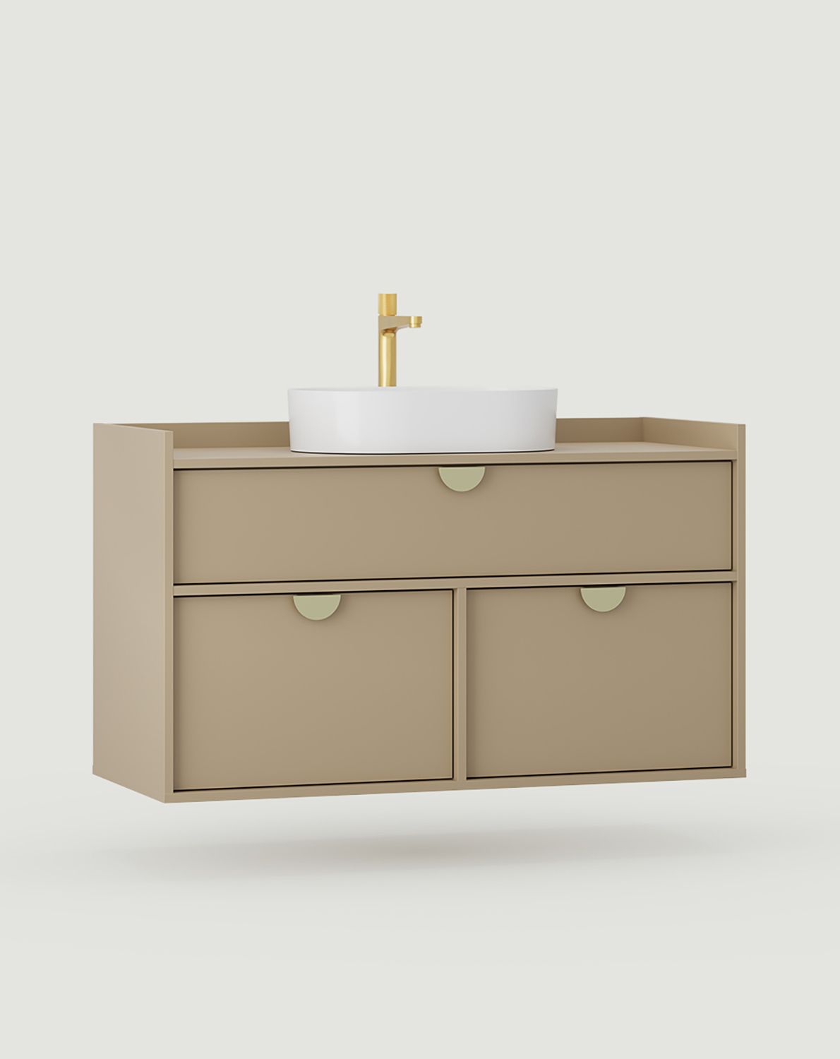SIGI armoire avec lavabo OMNIRES à suspendre WSU01
Couleur : Cappuccino
Poignée : poignée RIND Noir
Vasque : OVO M+ Blanc brillant OMNIRES
Robinet : High Contour Gold Brushed OMNIRES
                            