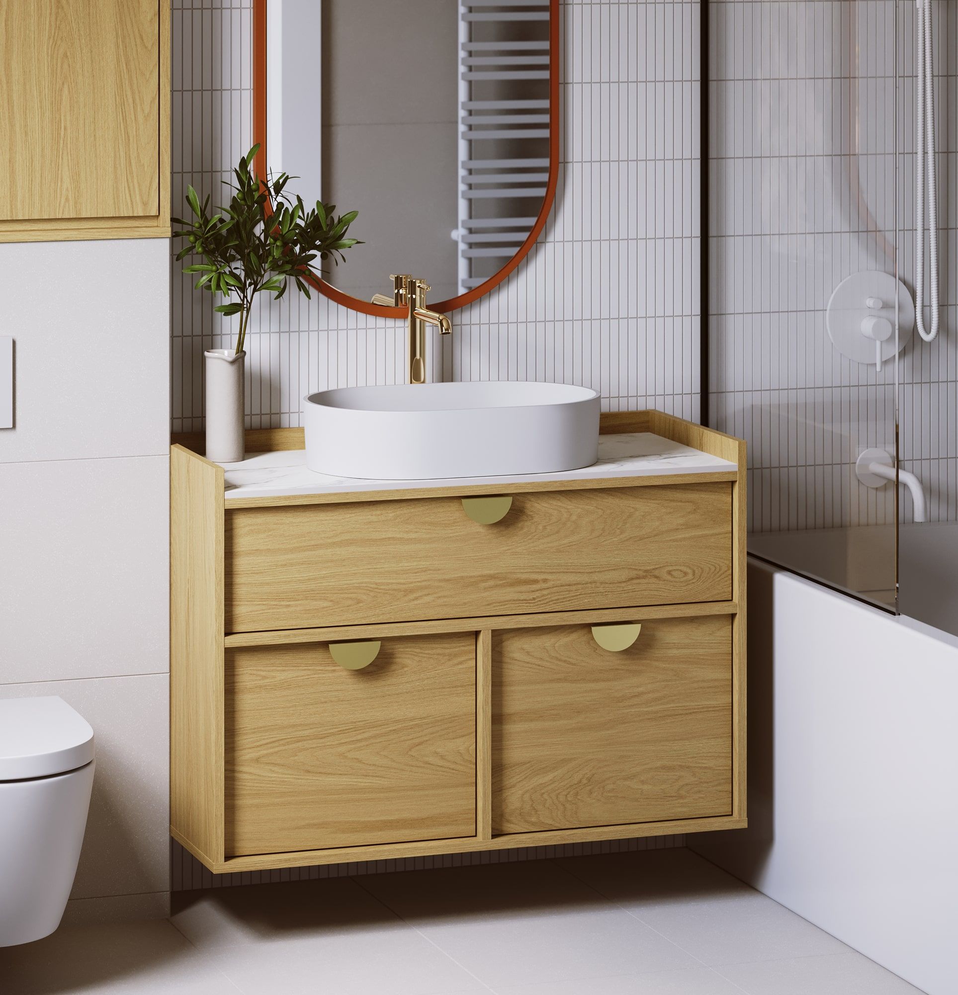 SIGI armoire avec lavabo OMNIRES suspendu WSU01
Couleur : Placage chêne naturel
Poignée : poignée RIND Or
Vasque : OVO M+ Blanc OMNIRES
Robinet : High Y Gold OMNIRES
Plan de travail : Marbre Gold