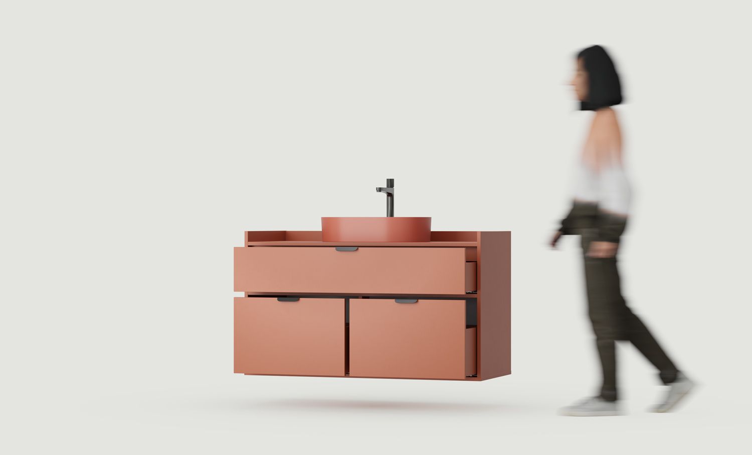 SIGI armoire avec lavabo OMNIRES à suspendre WSU01
Couleur : Terracotta ardent
Poignée : LAYERS 110 Noir
Lavabo : OVO M+ Terracotta OMNIRES
Robinet : Tall Y Noir OMNIRES