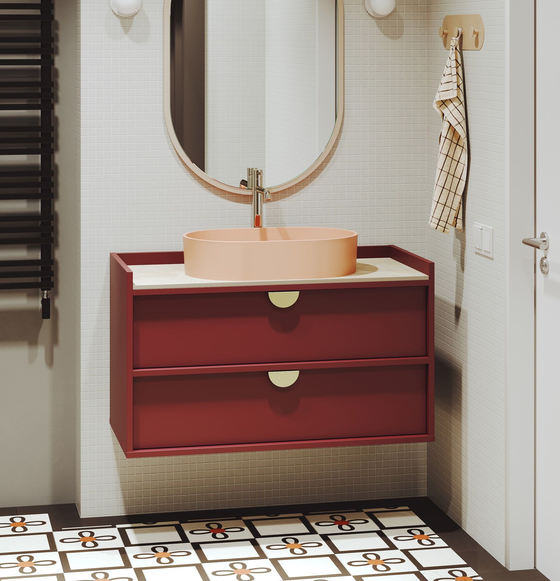 SIGI armoire avec lavabo OMNIRES à suspendre WSU02
Couleur : Marseille Bourgogne
Poignée : poignée RIND Or
Vasque : OVO M+ Coral OMNIRES
Robinet : Tall Y Gold OMNIRES
Plan de travail : Creamy Onyx
